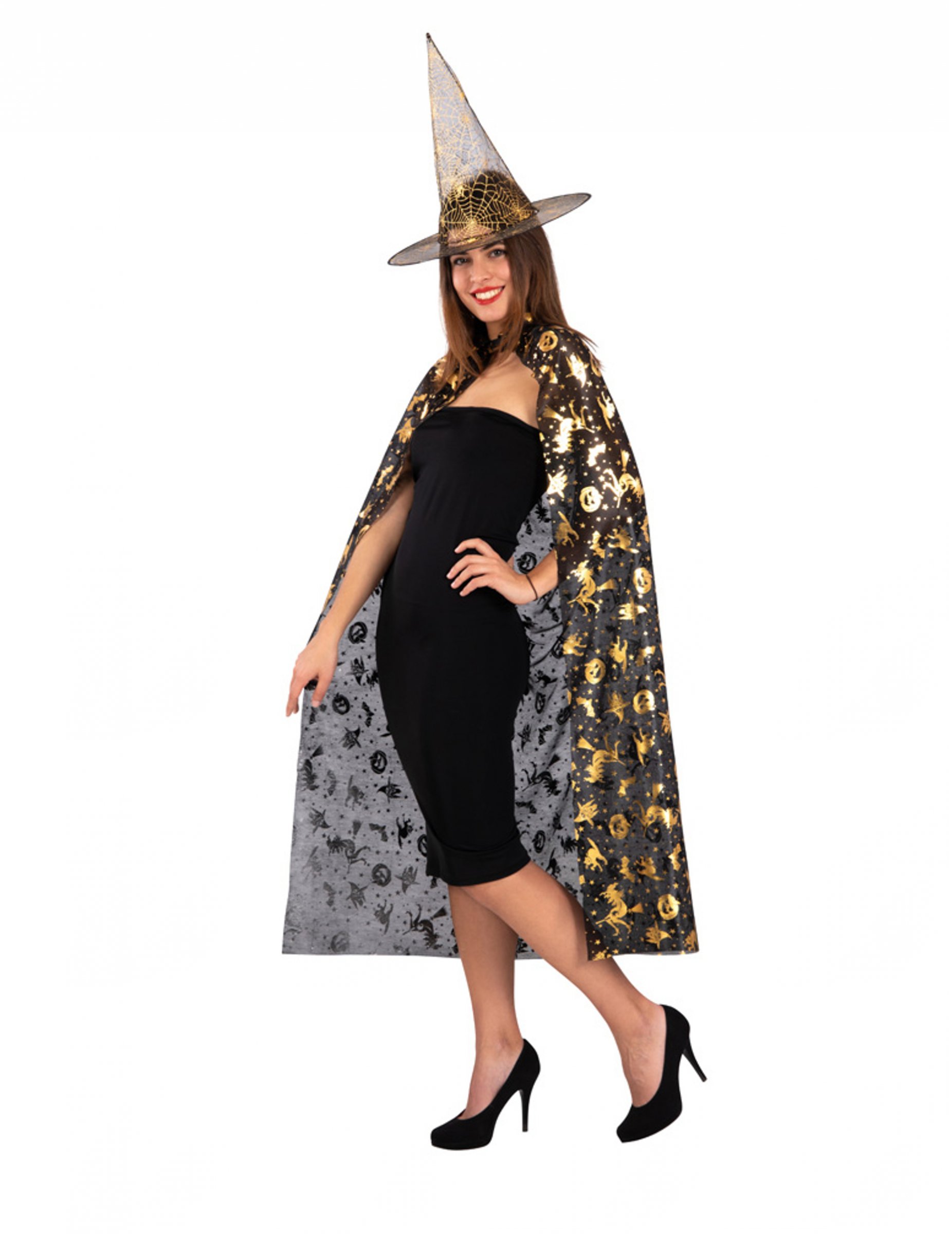Set sorcière chapeau et cape noir et doré femme