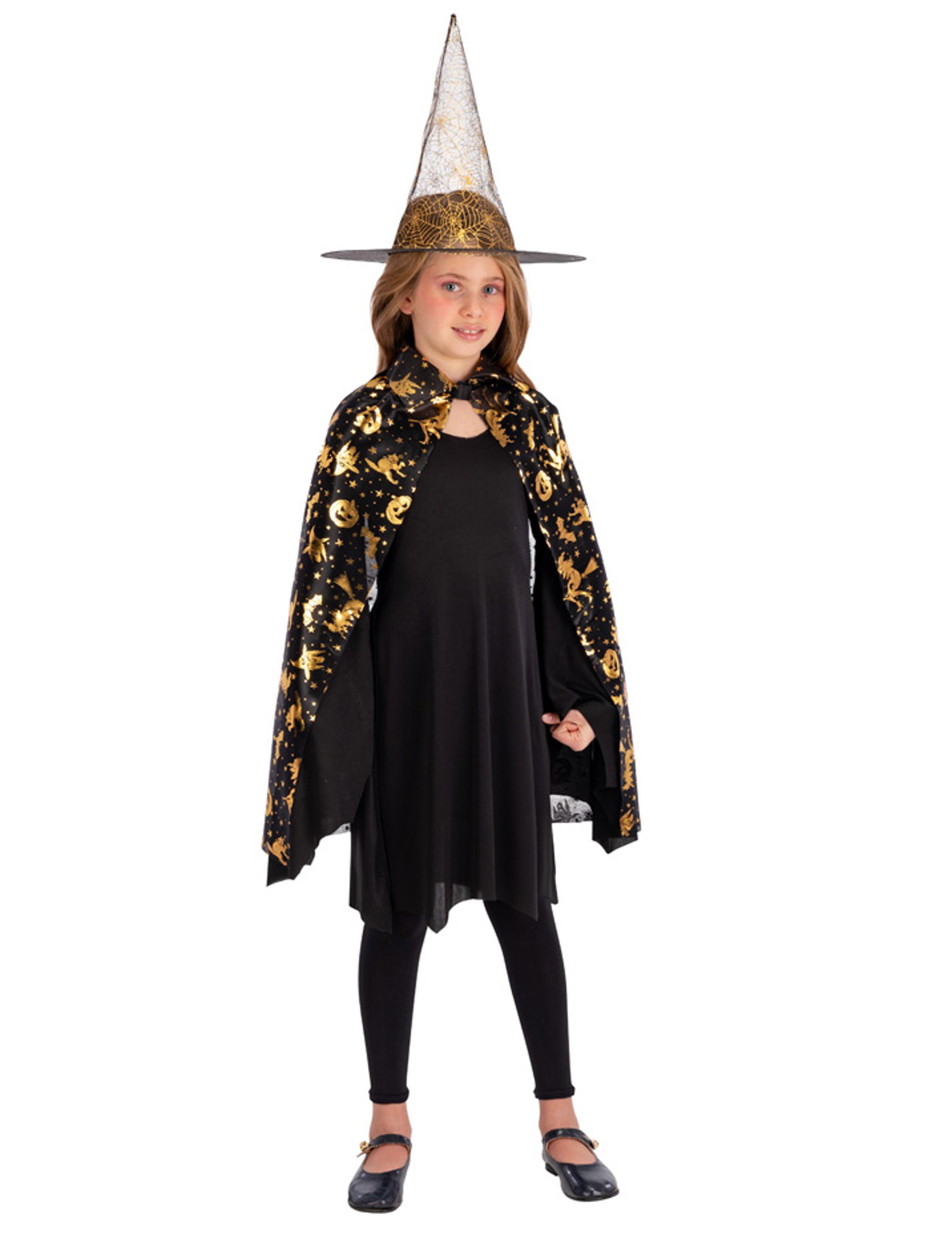 Set sorcière chapeau et cape noir et doré fille