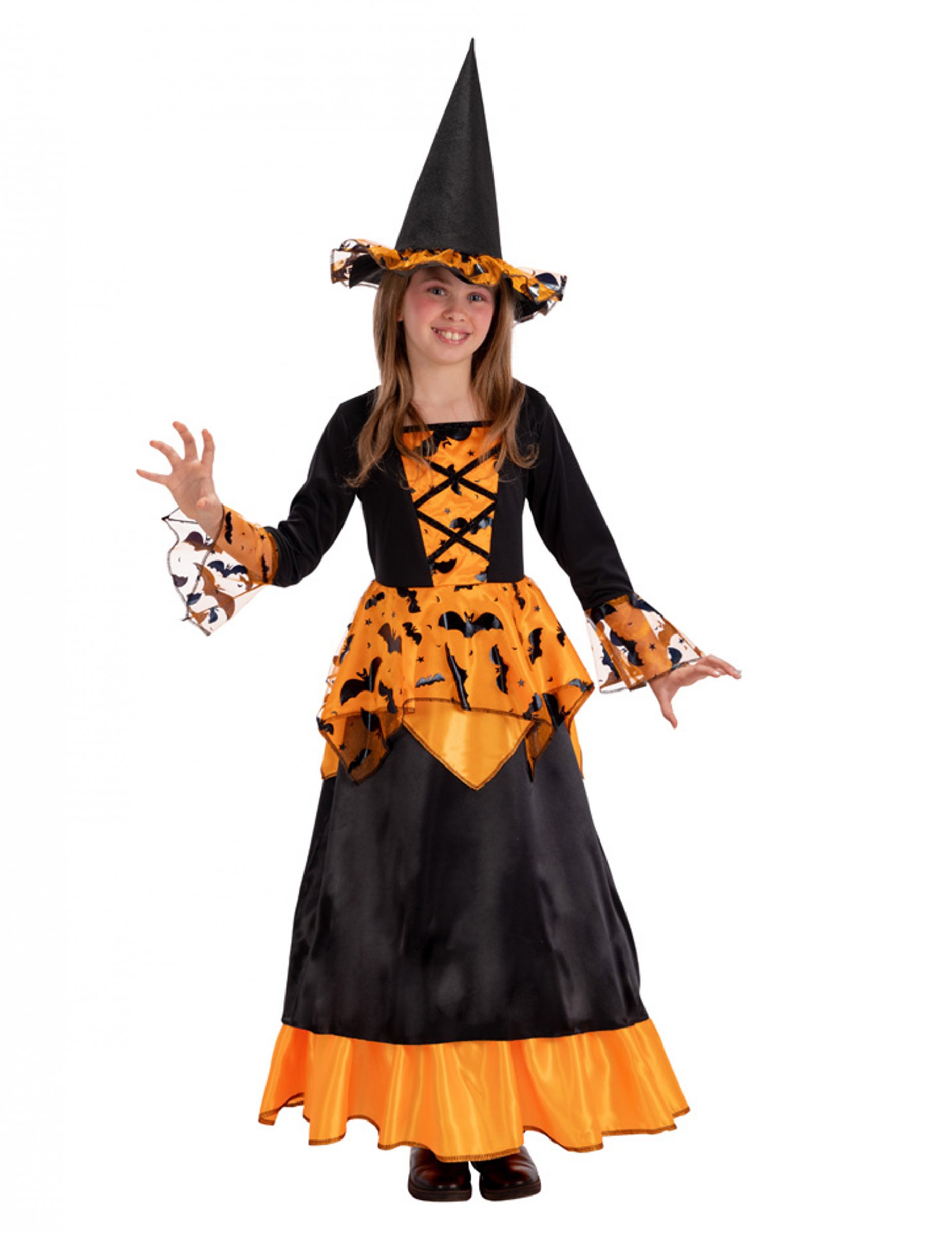 Déguisement sorcière chauve-souris avec chapeau noir et orange fille