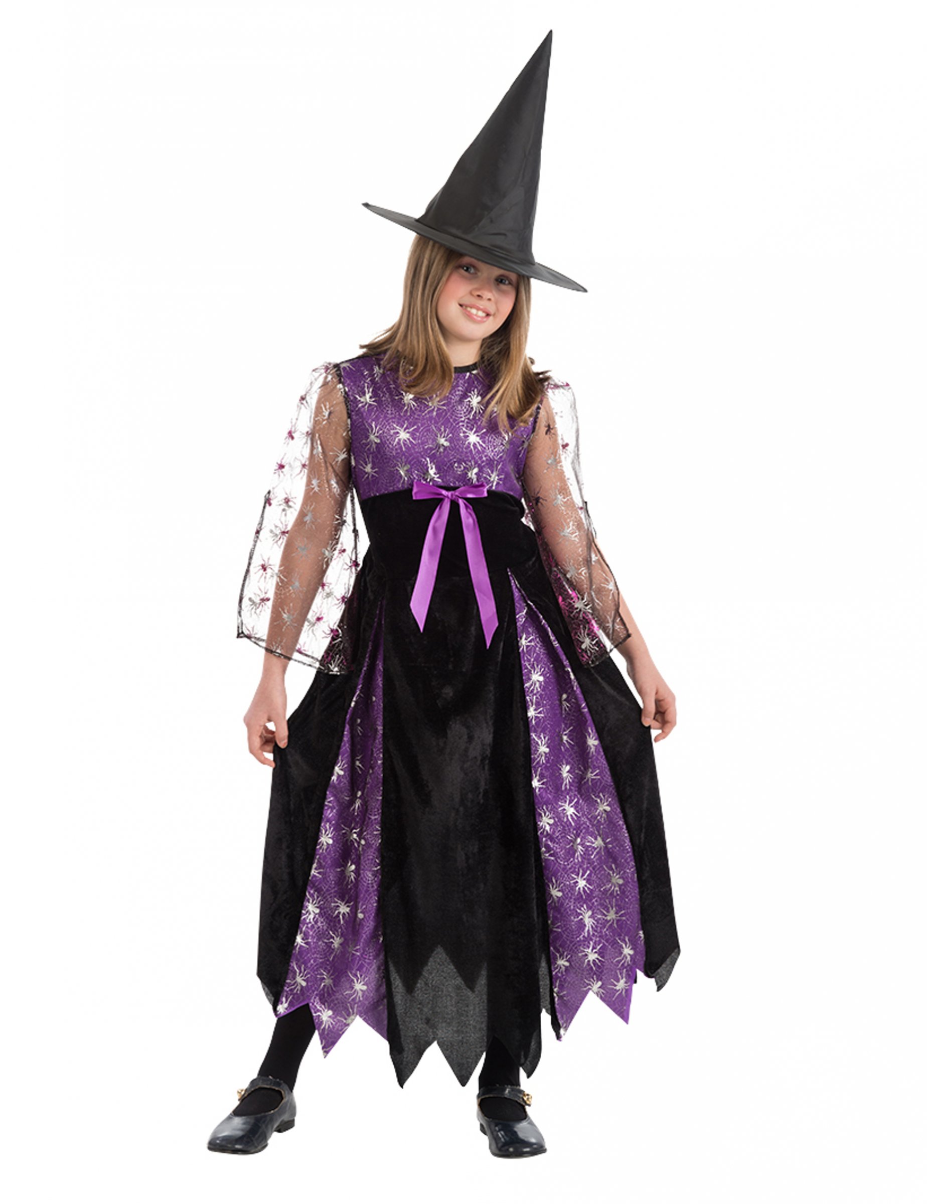 Déguisement sorcière petites araignées avec chapeau noir et violet fille