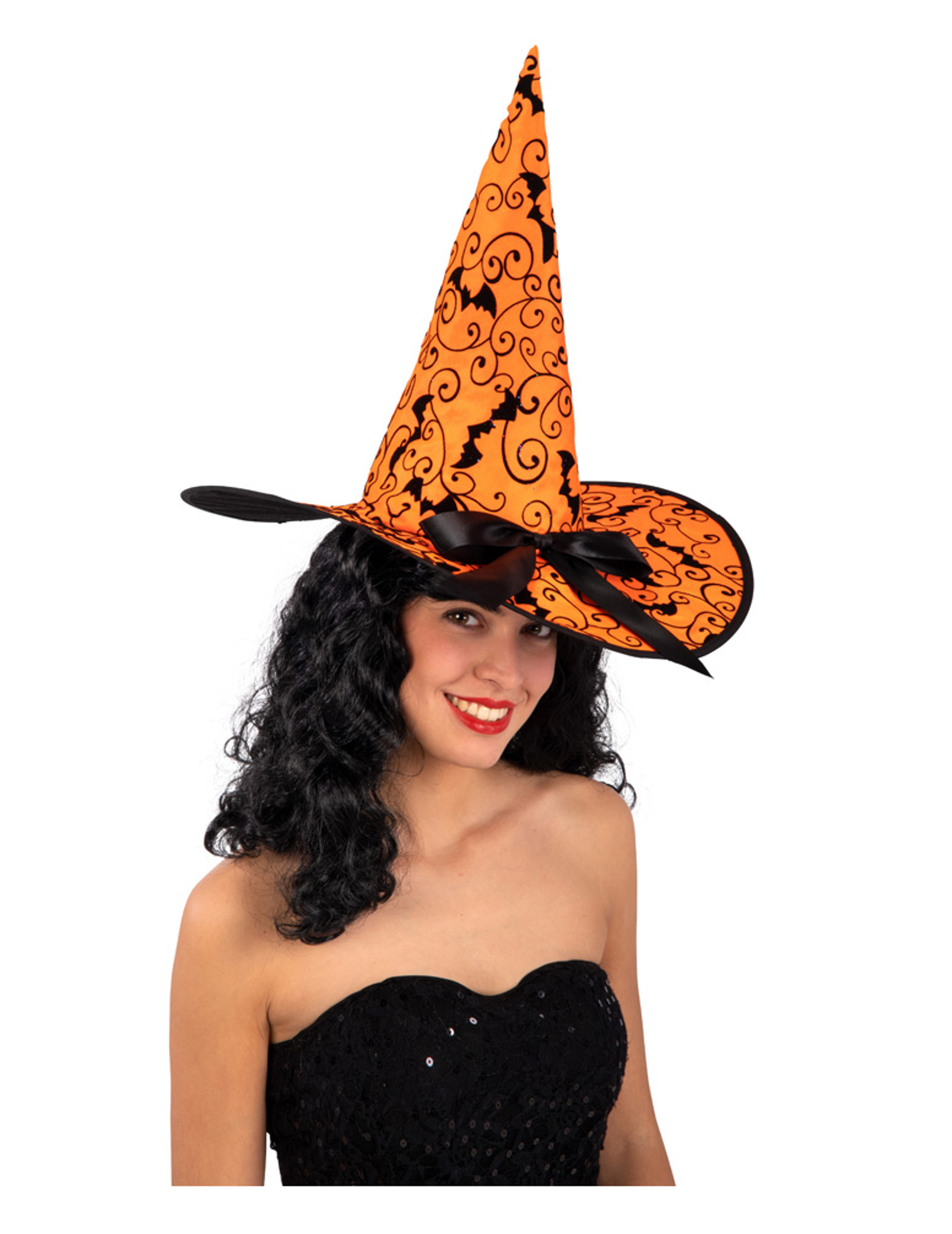 Chapeau sorcière orange chauve-souris 36 cm
