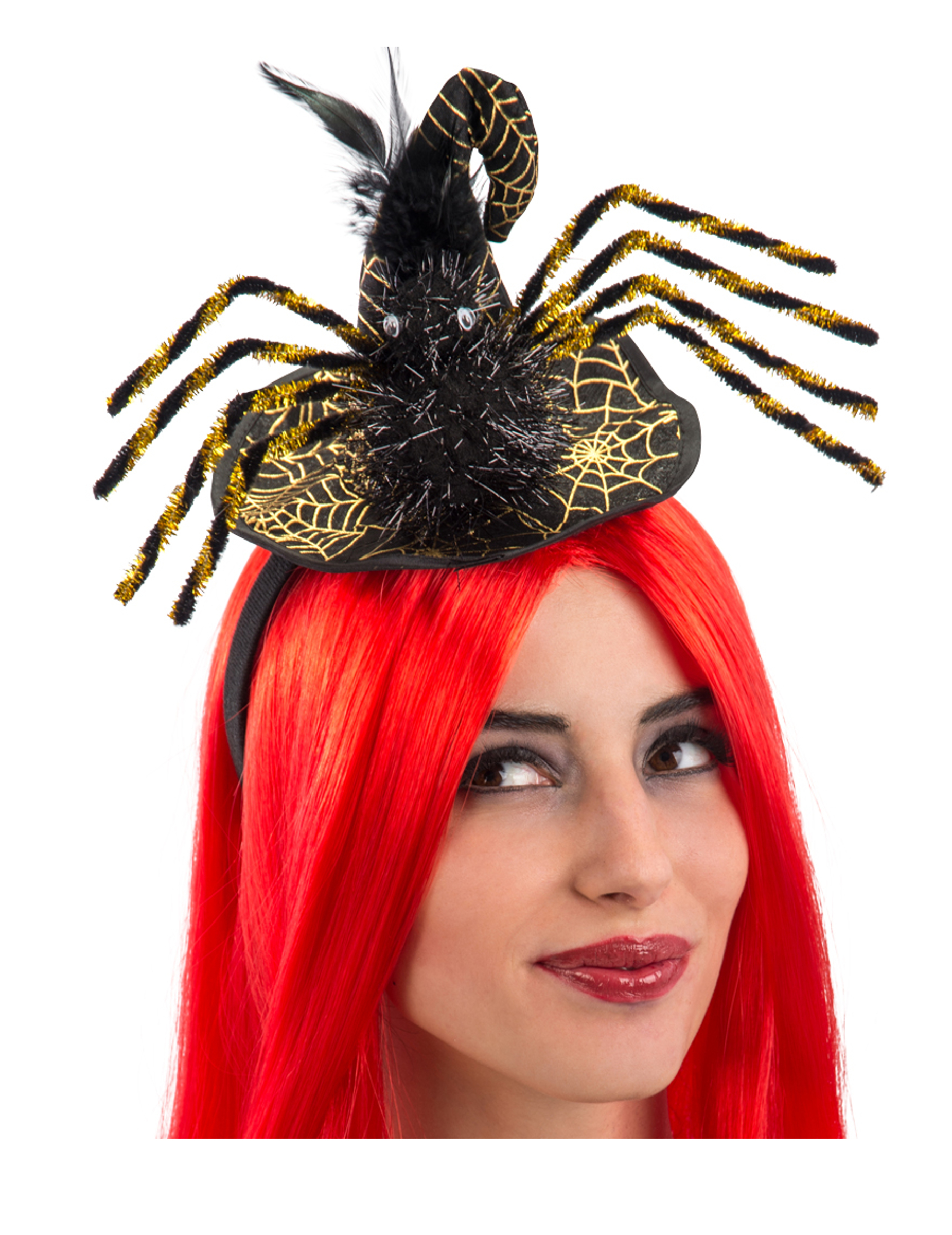 Serre-tête mini chapeau sorcière araignée noir et or 12 cm