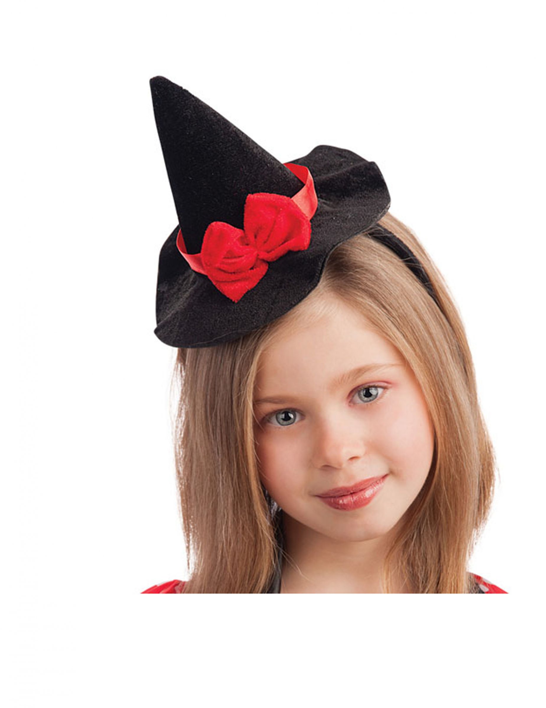 Serre-tête mini chapeau sorcière noir avec noeud rouge 13 cm