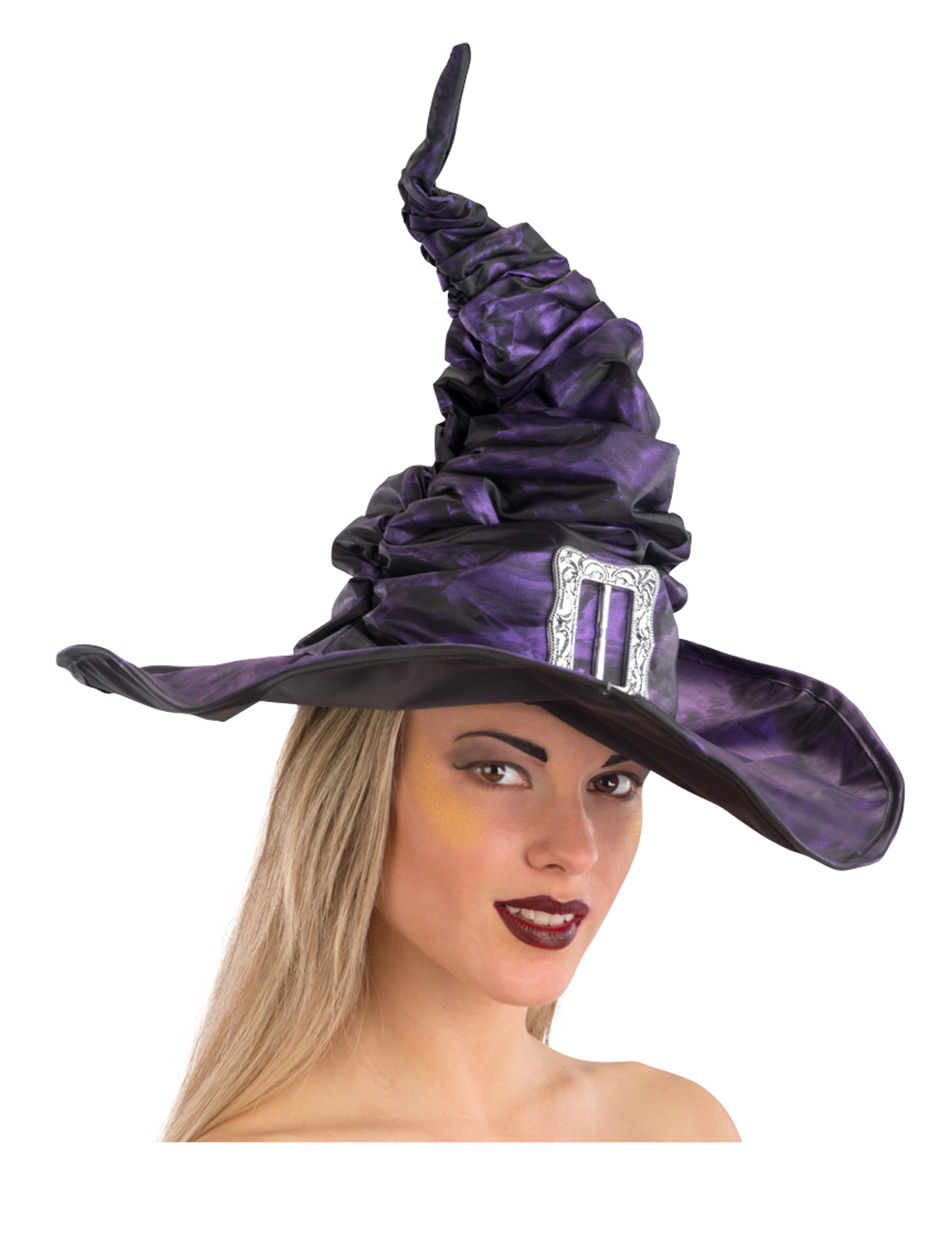 Chapeau sorcière violet en tissu plissé avec boucle 42 cm adulte