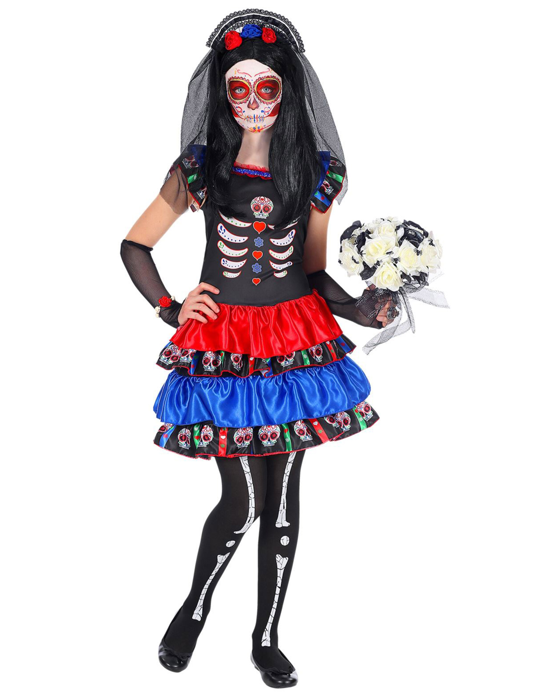 Déguisement Dia de los muertos rouge et bleu enfant