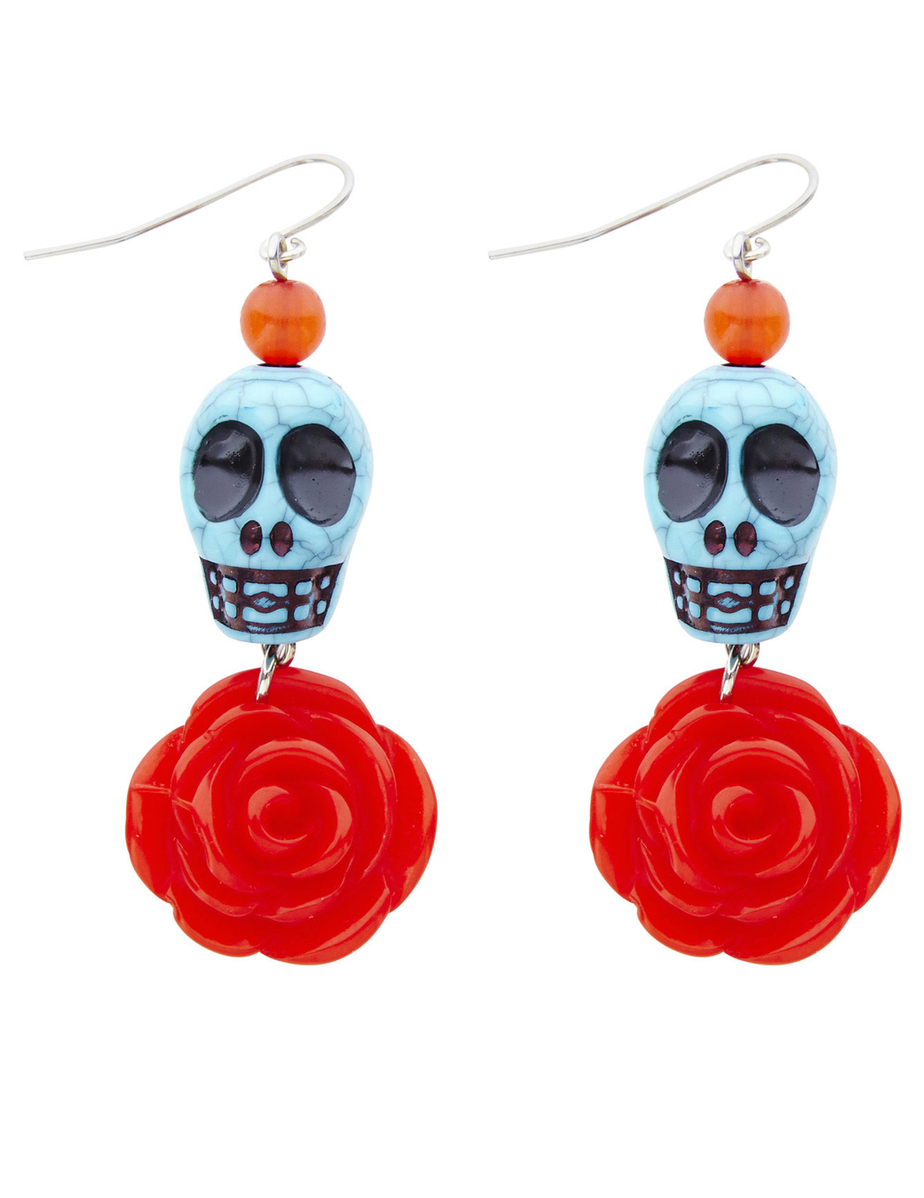 Paire de boucle d'oreille de crâne turquoise sur rose rouge