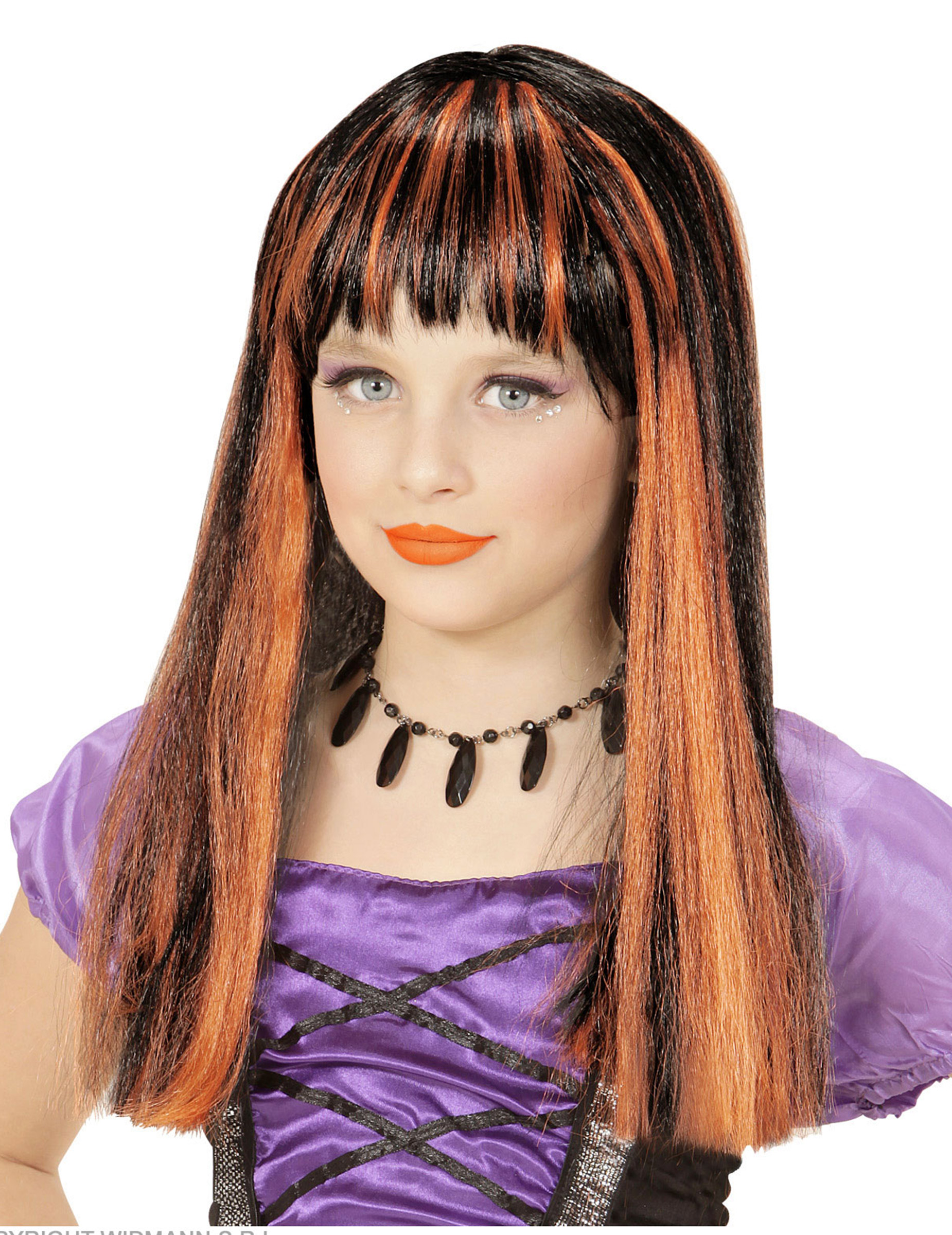 Perruque sorcière mèches oranges fille