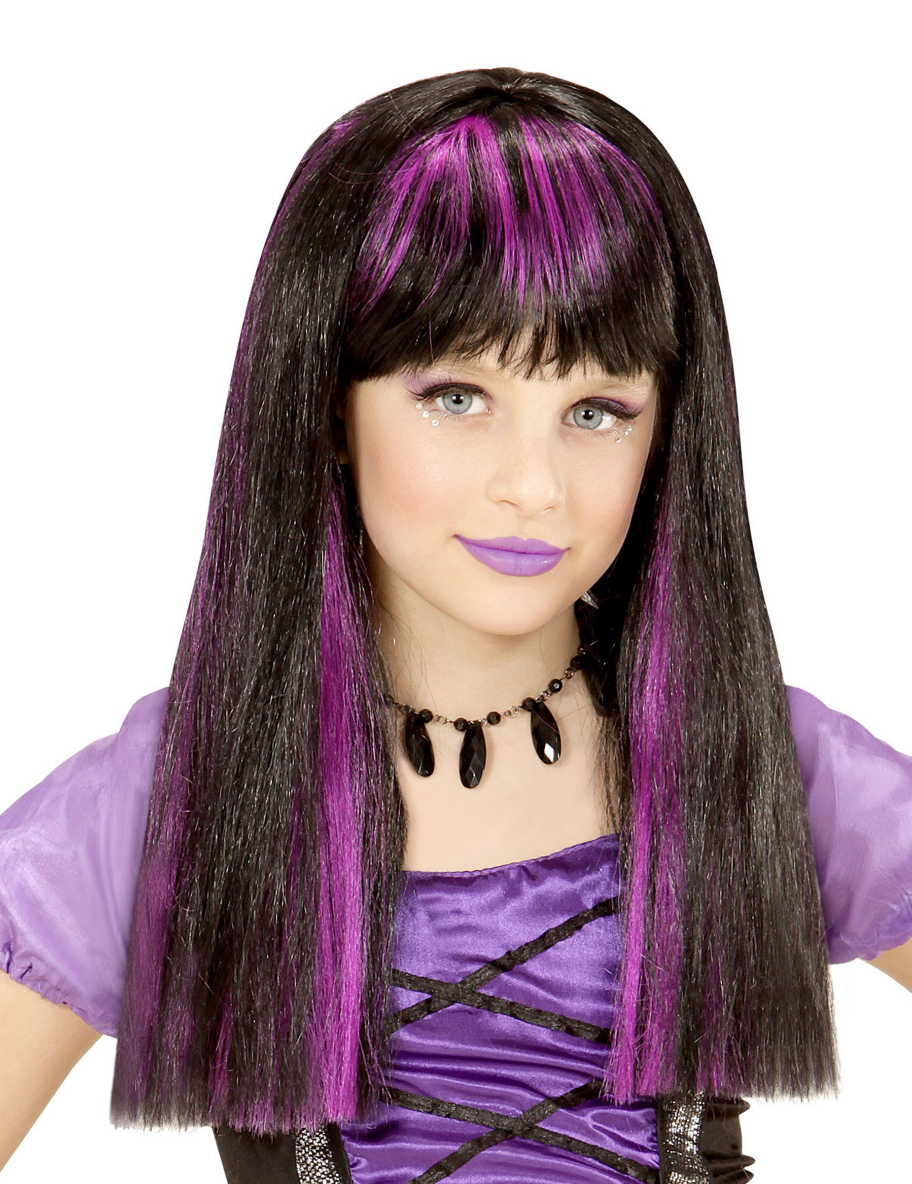 Perruque sorcière mèches violettes fille