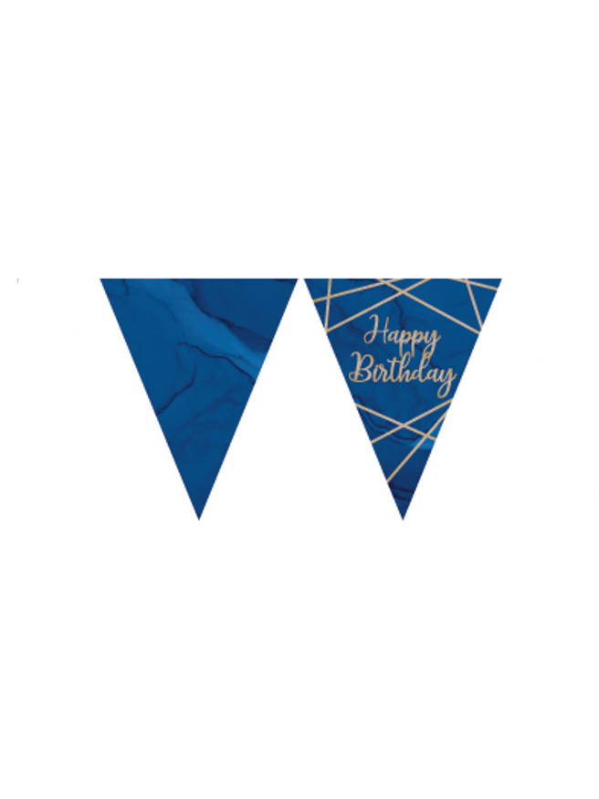 Guirlande fanions en plastique happy birthday marbre bleue et dorée 3,7 m