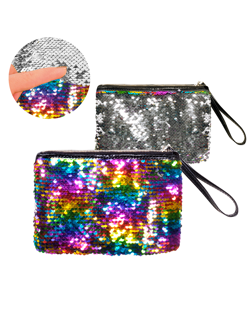 Pochette avec zip paillettes arc-en-ciel et argent réversibles adulte