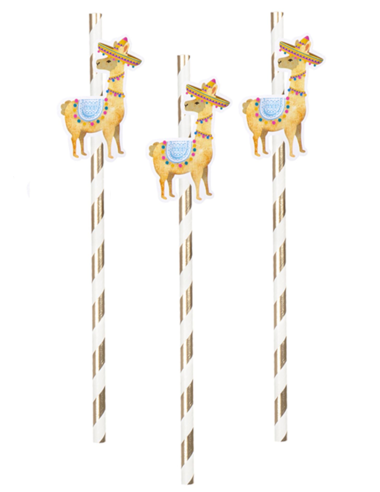 6 Pailles en carton lama blanches et dorées 20 cm