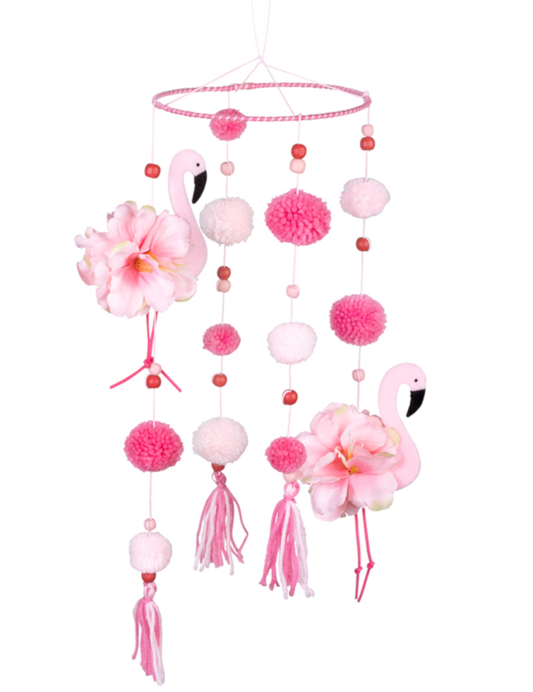 Suspension flamant rose avec pompons roses 60 x 16 cm