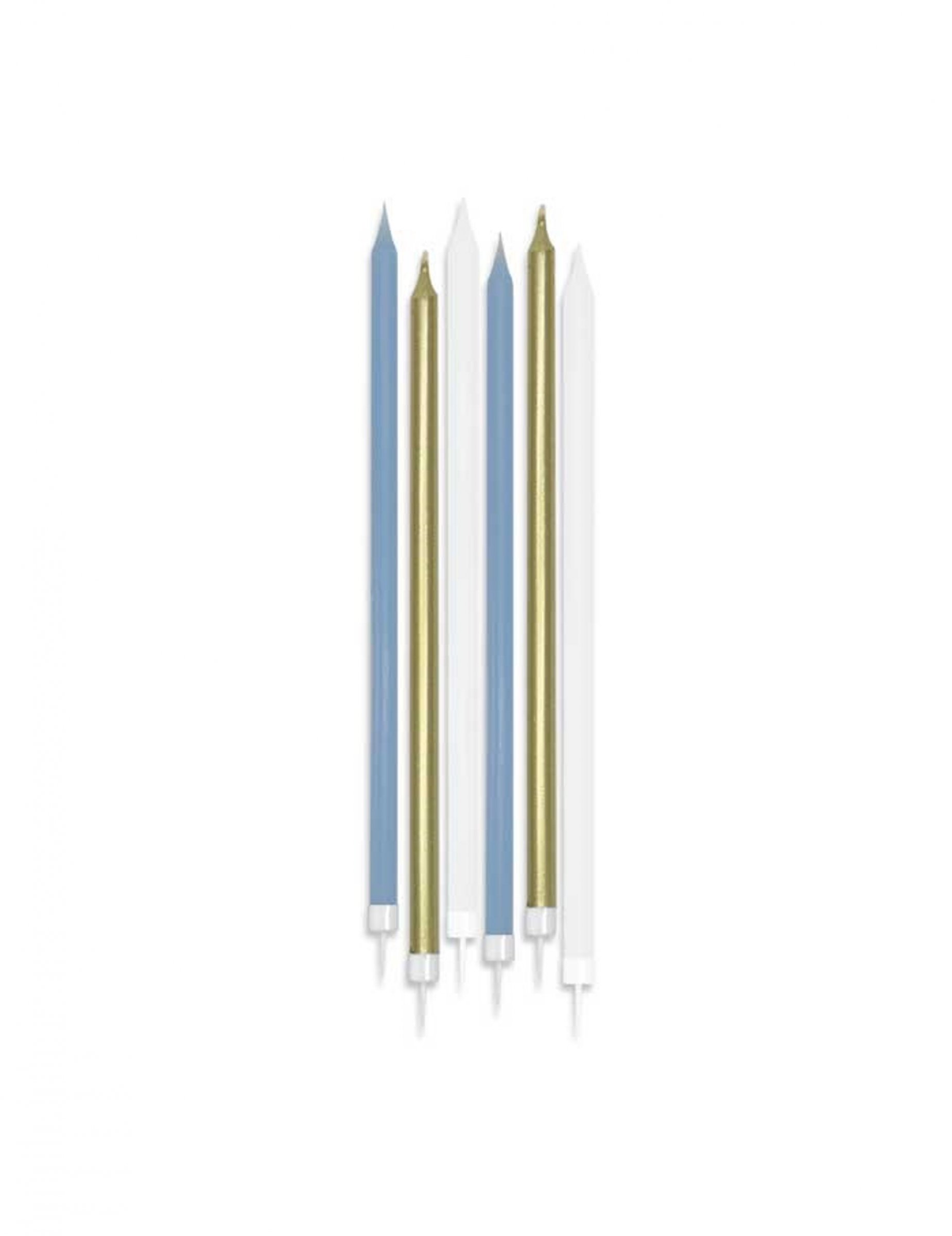 6 Grandes bougies mattes blanches, bleues et dorées 15 cm