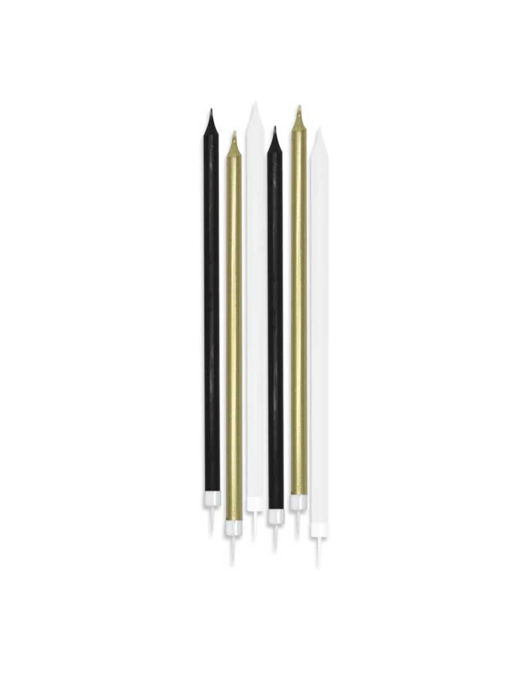 6 Grandes bougies mattes blanches, noires et dorées 15 cm