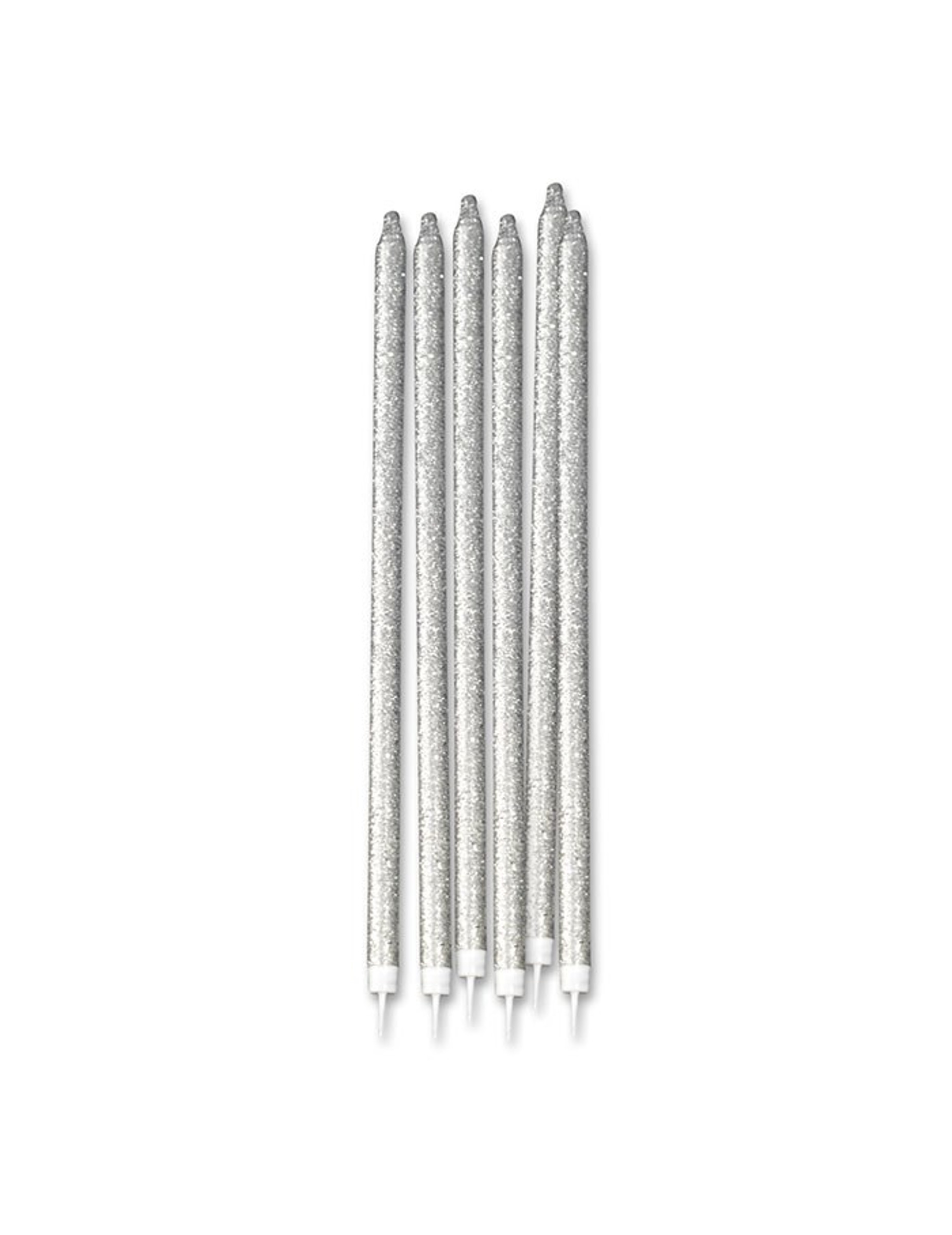 12 Grandes bougies pailletées argentées 15 cm