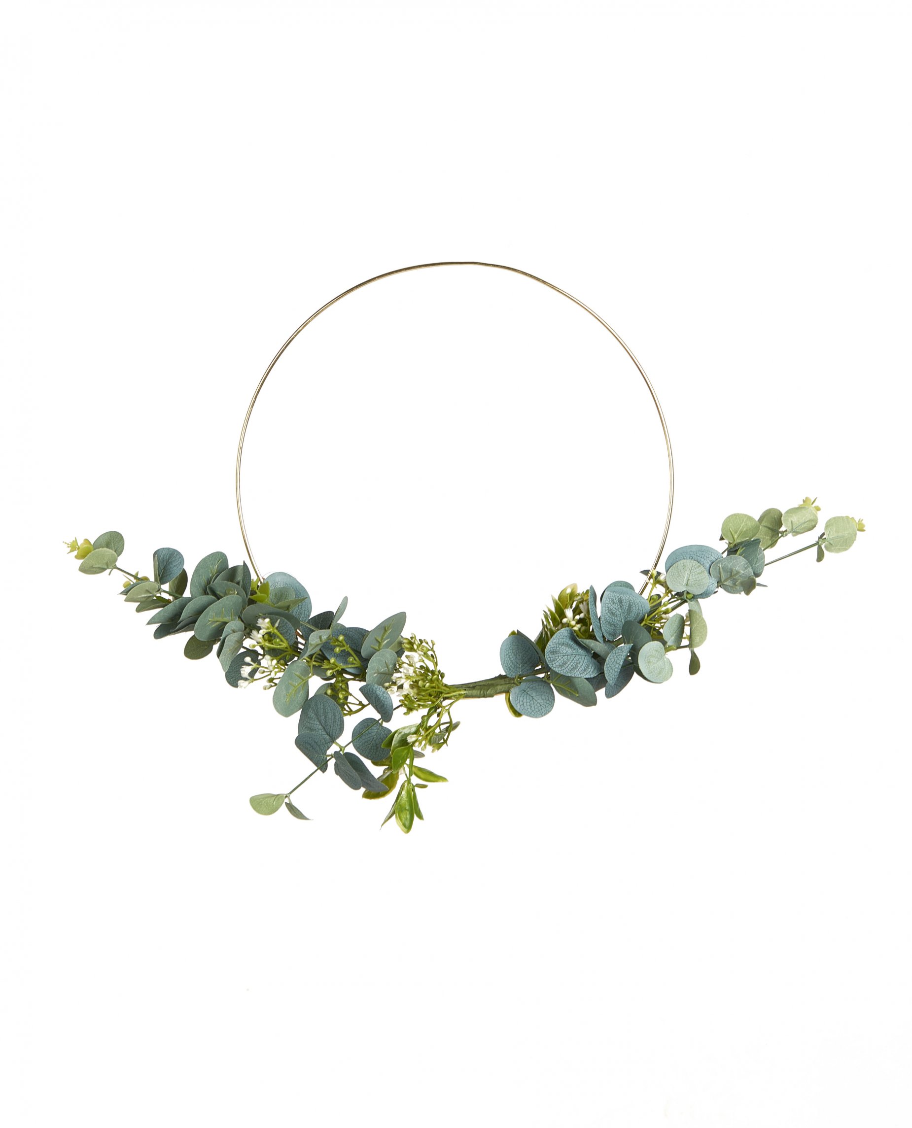 Couronne en métal d'eucalyptus et fleurs blanches cercle or 30 cm