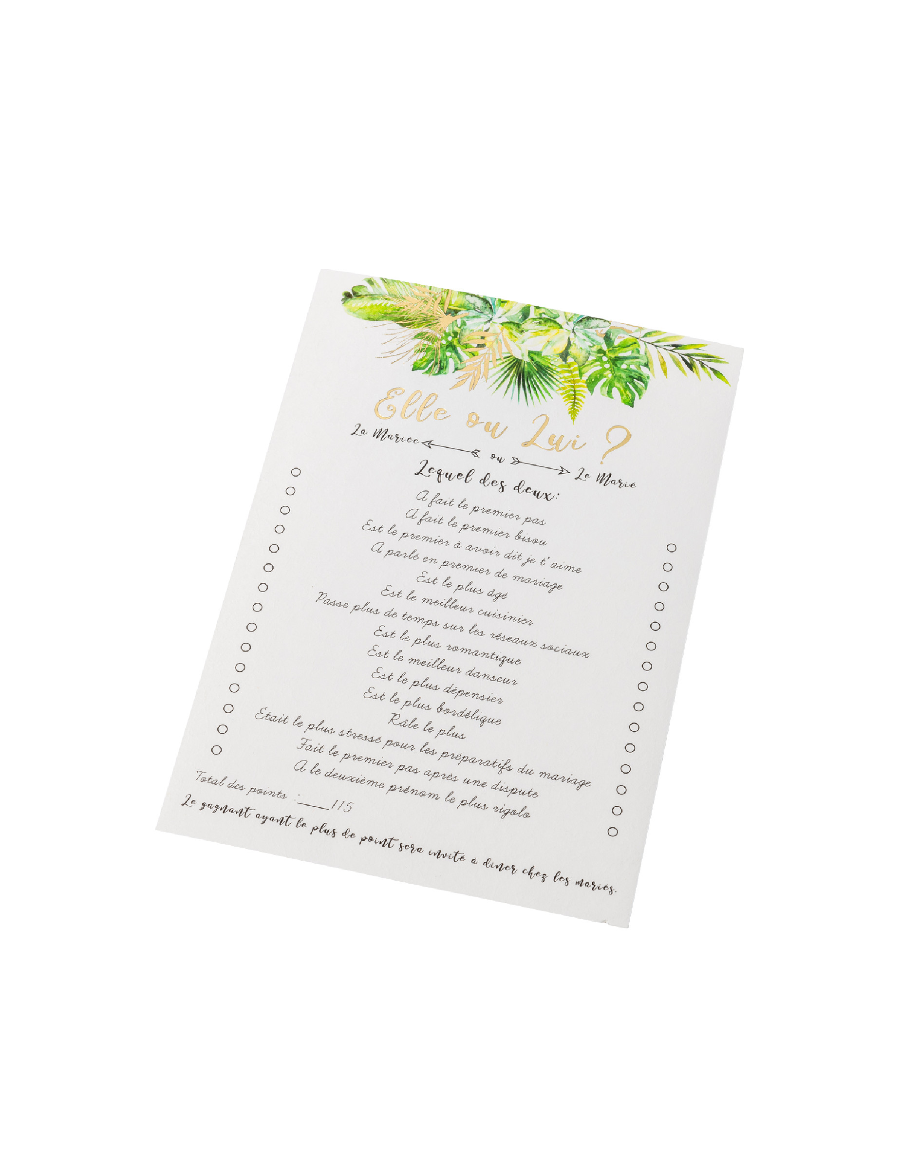 10 Cartes de jeu elle ou lui tropical ivoire avec dorure 14 x 20 cm