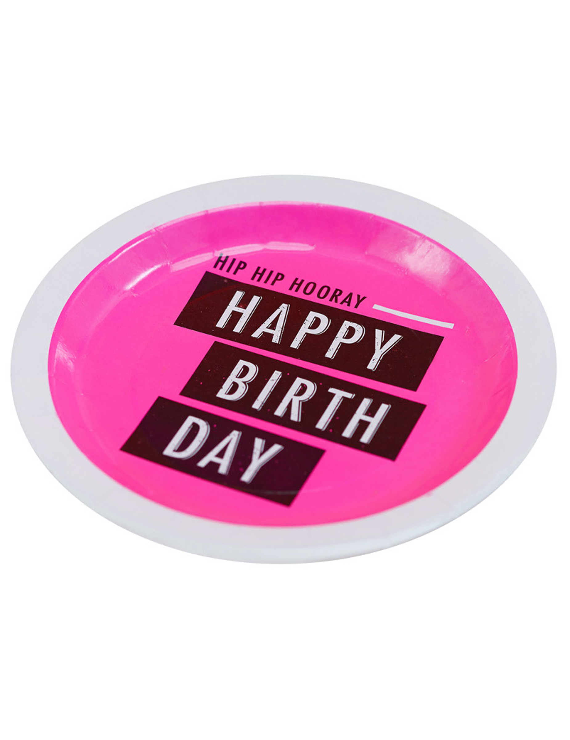 8 Assiettes en carton happy birthday néon rose 23 cm