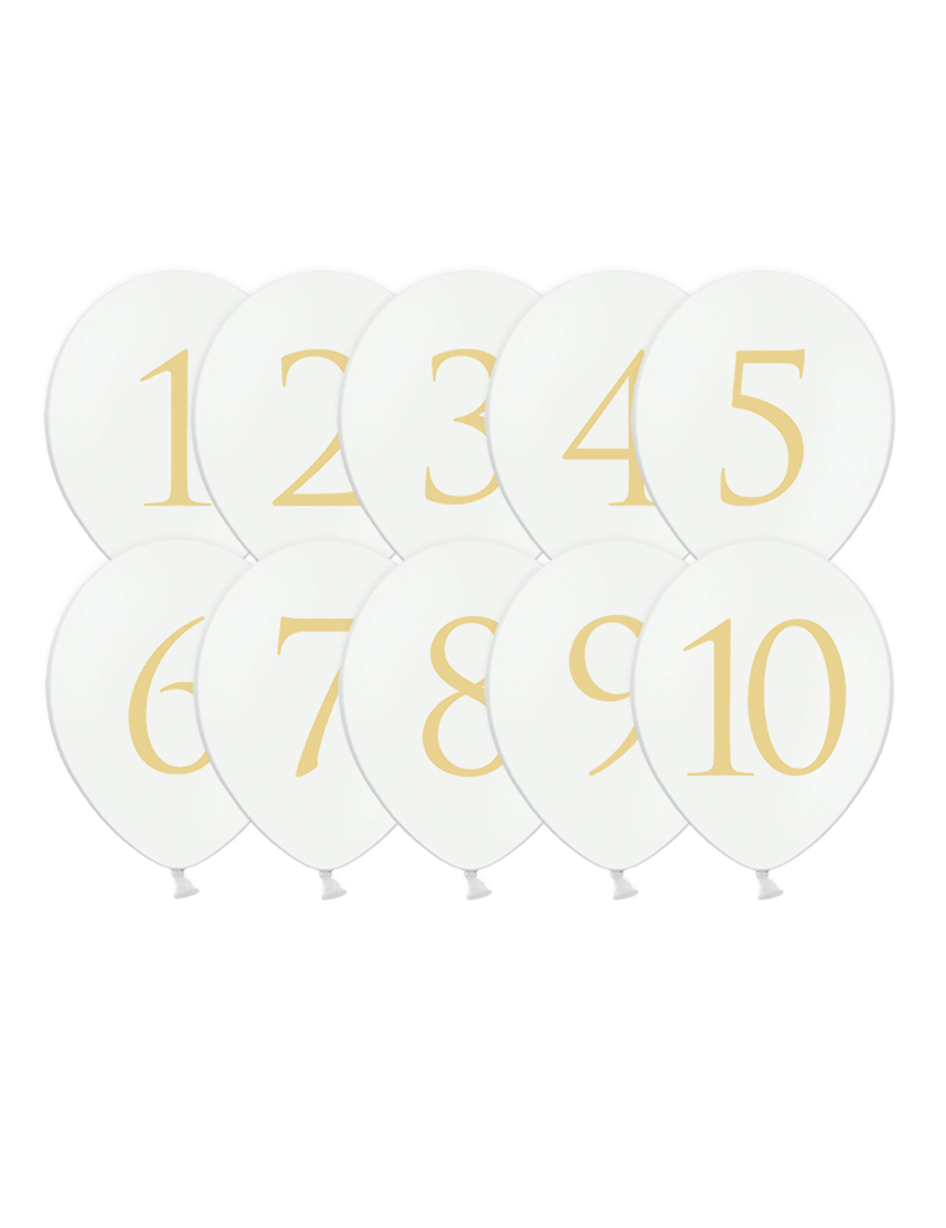10 Ballons en latex chiffres 1 à 10 blancs et dorés 30 cm