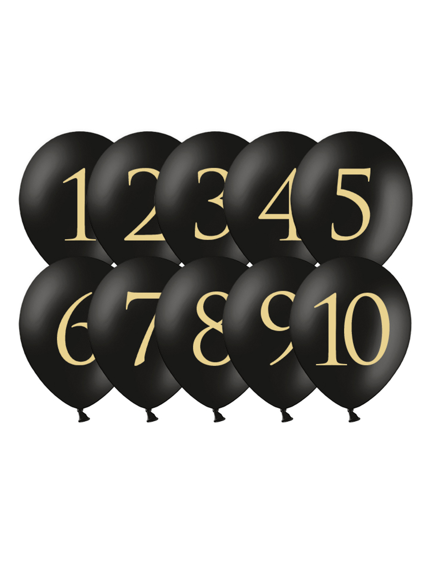 10 Ballons en latex chiffres 1 à 10 noirs et dorés 30 cm