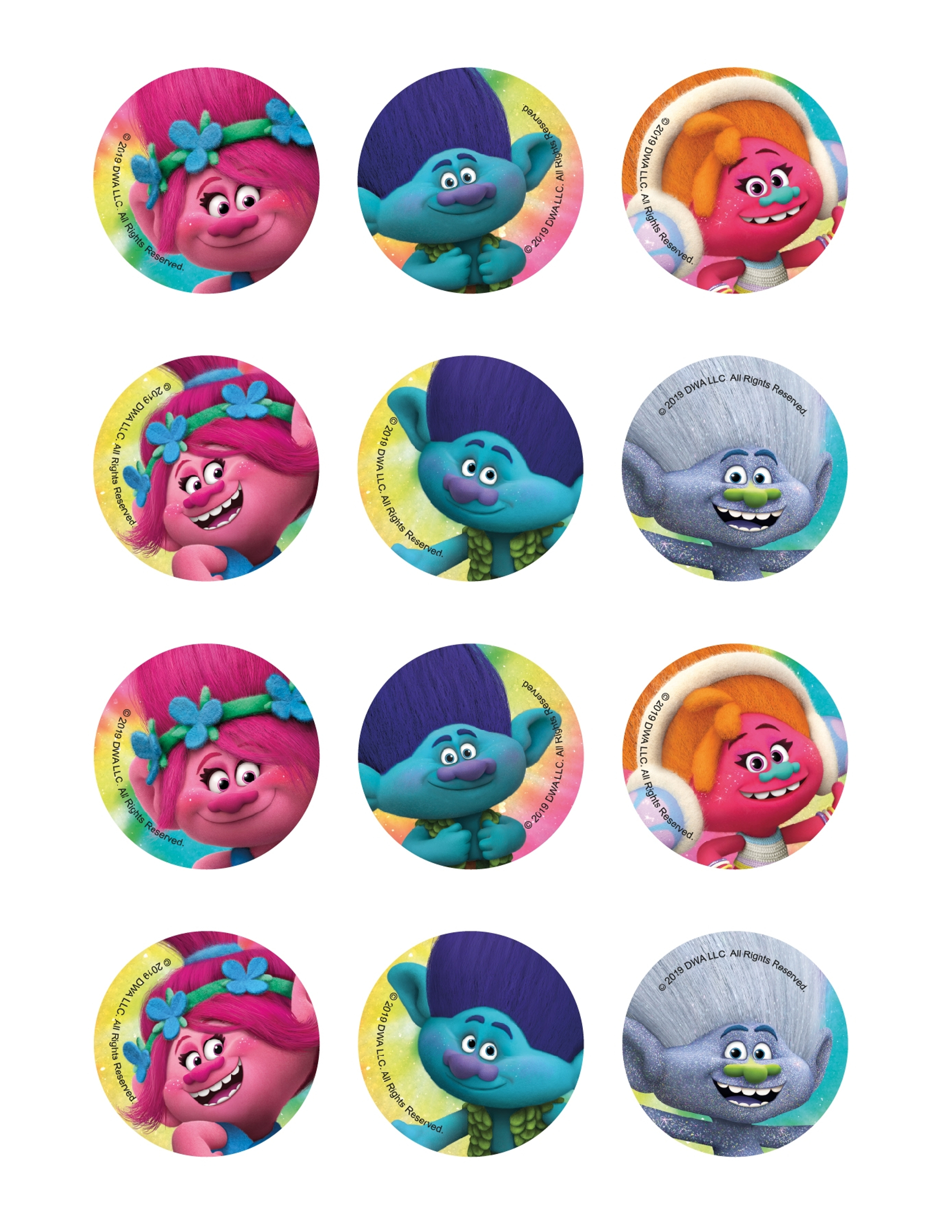 12 Décorations en sucre pour biscuits Trolls 5,8 cm