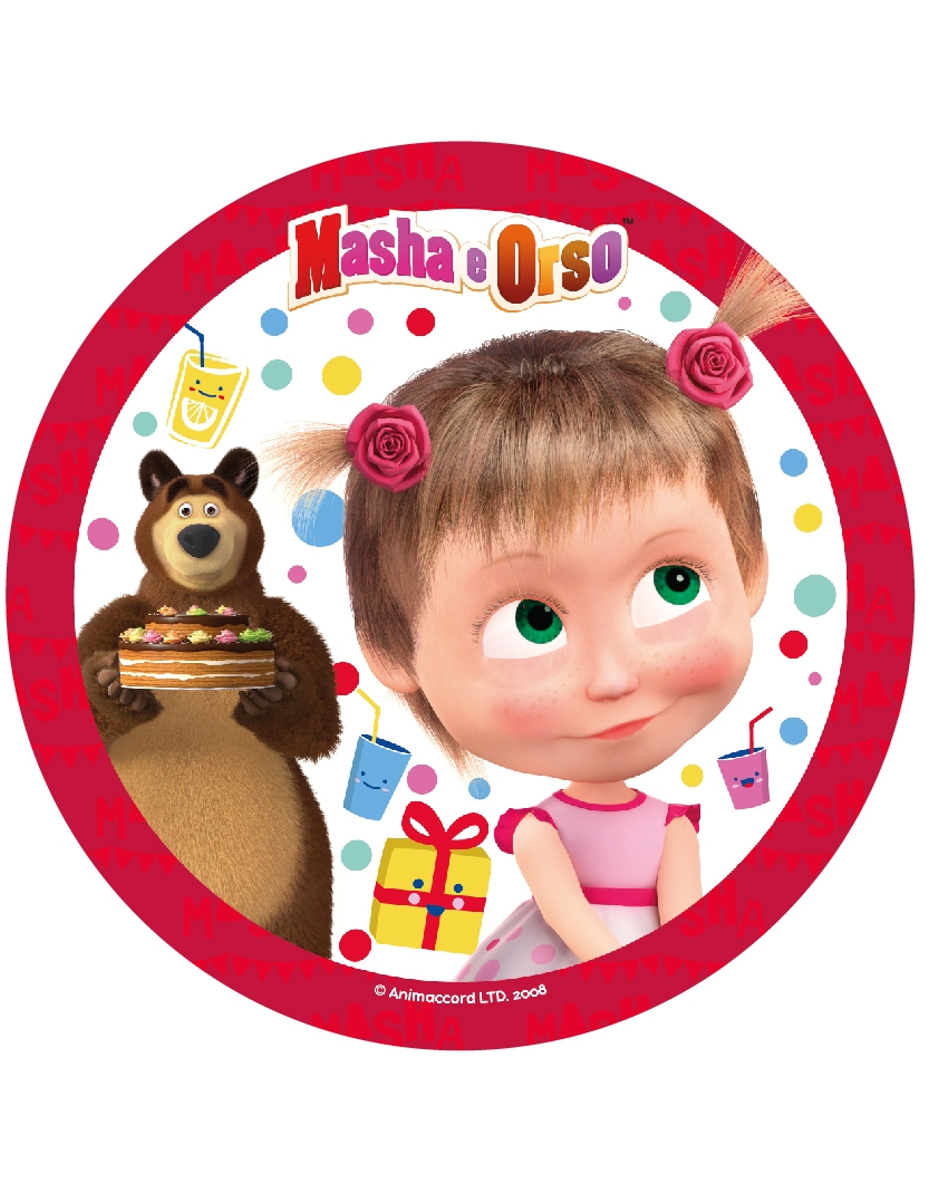 Disque en sucre Masha et Michka rouge 21 cm