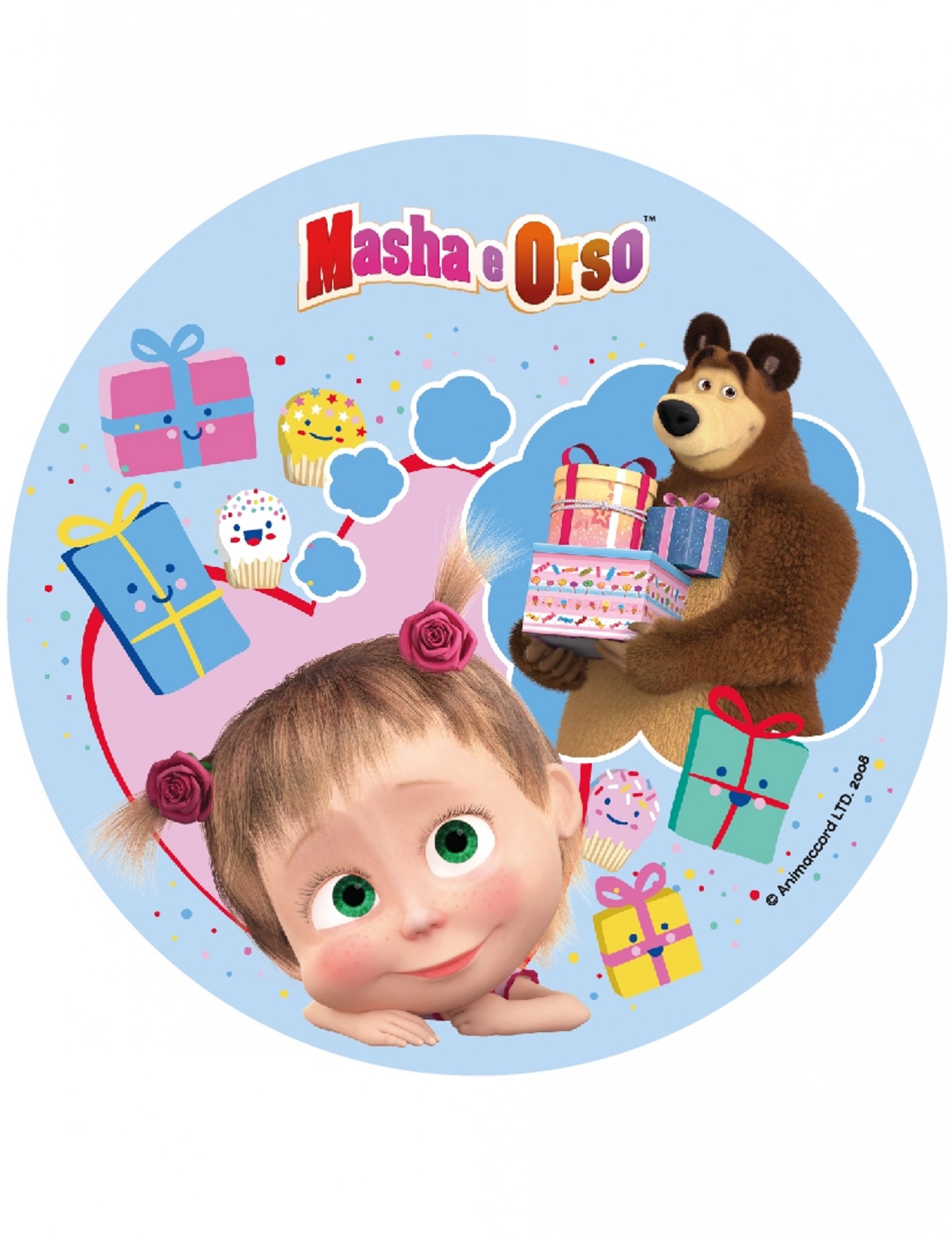 Disque en sucre Masha et Michka bleu 21 cm