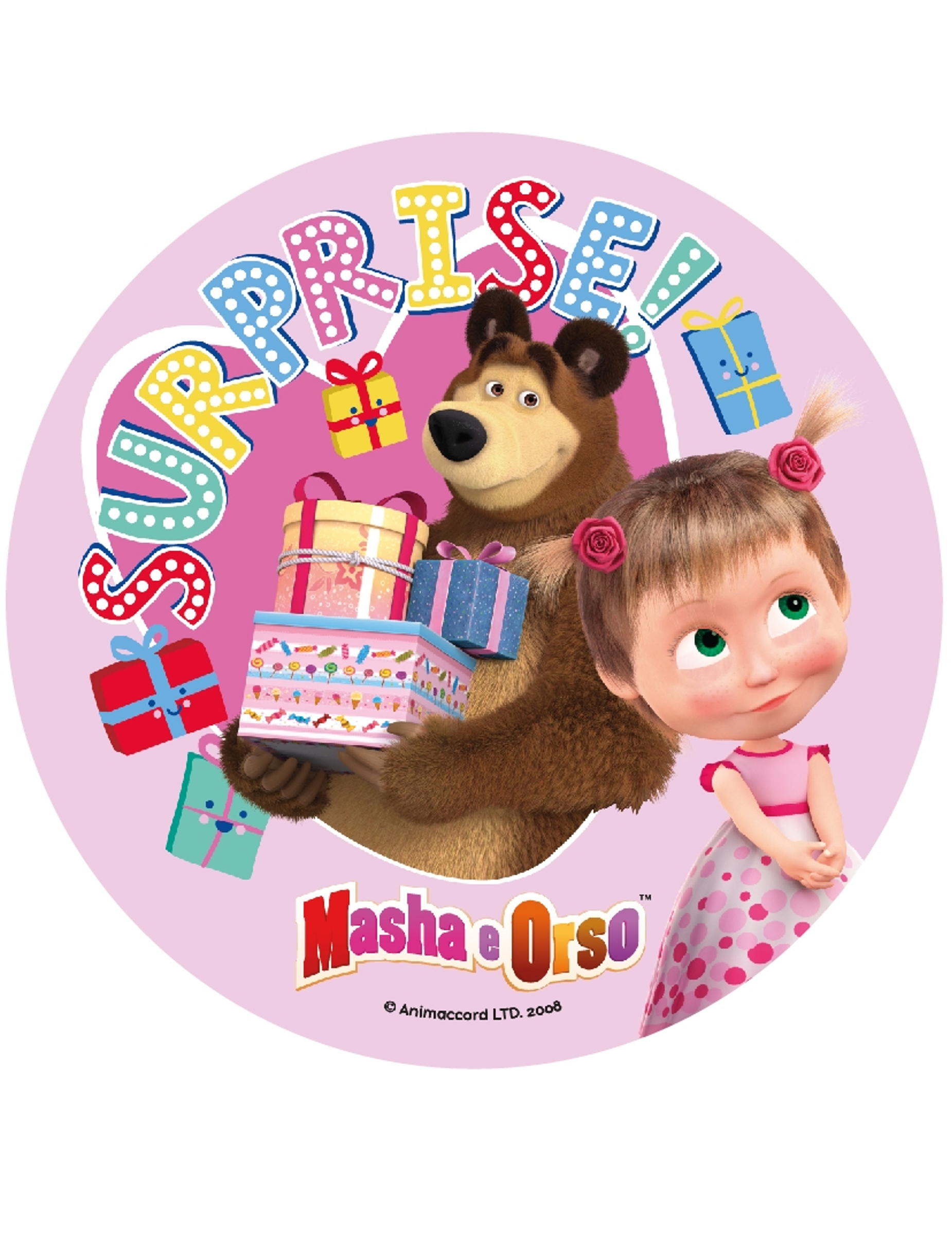 Disque en sucre Masha et Michka rose 21 cm