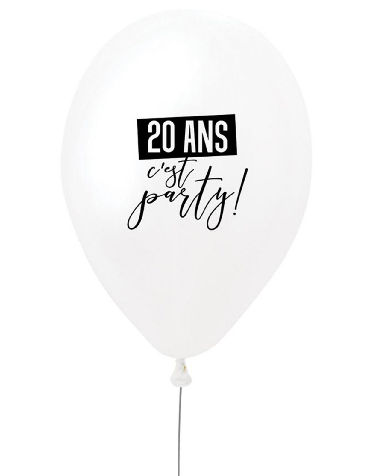 Ballon en latex 20 ans c'est party ! blanc et noir 27 cm
