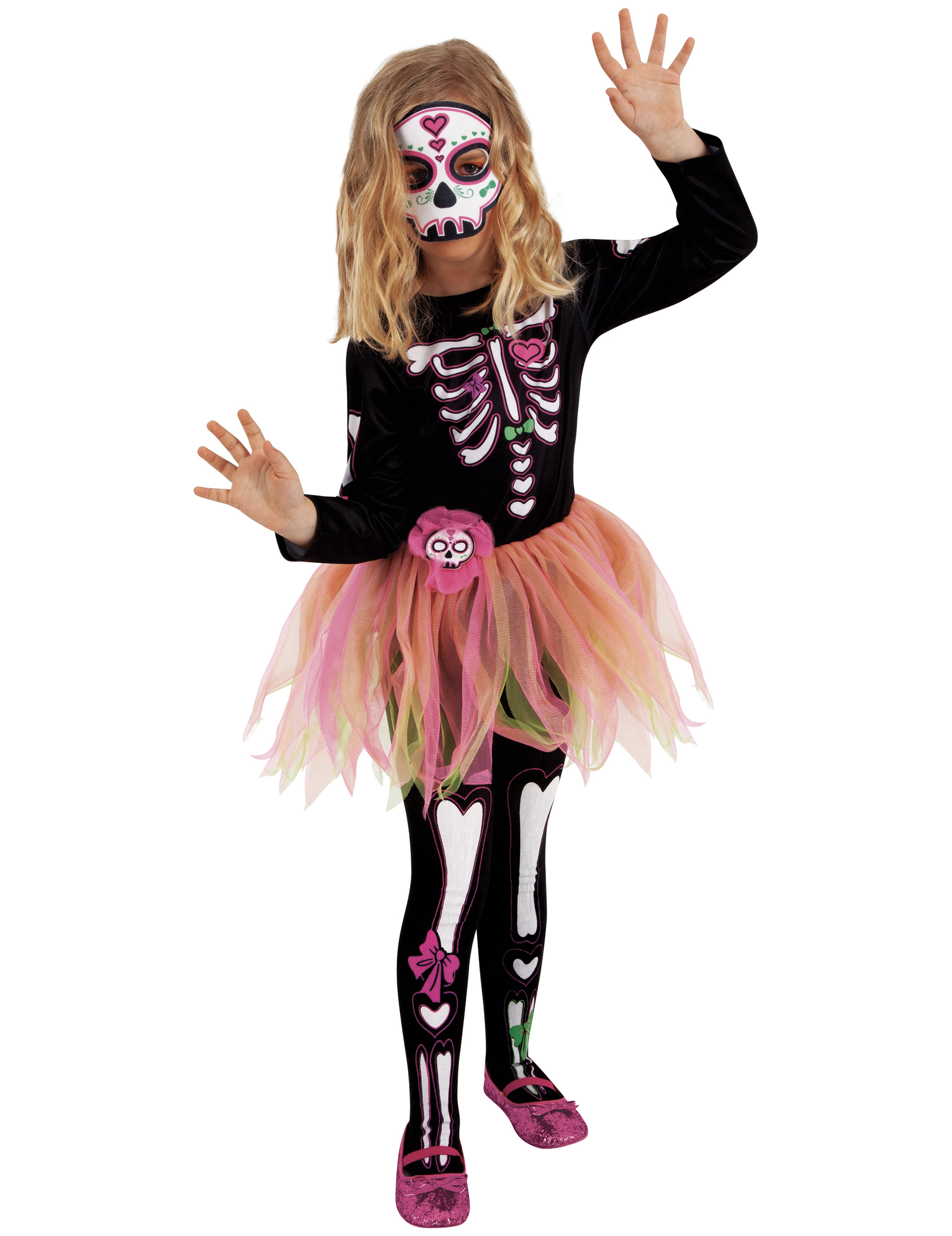 Déguisement Miss Dia de los Muertos avec masque et collants fille