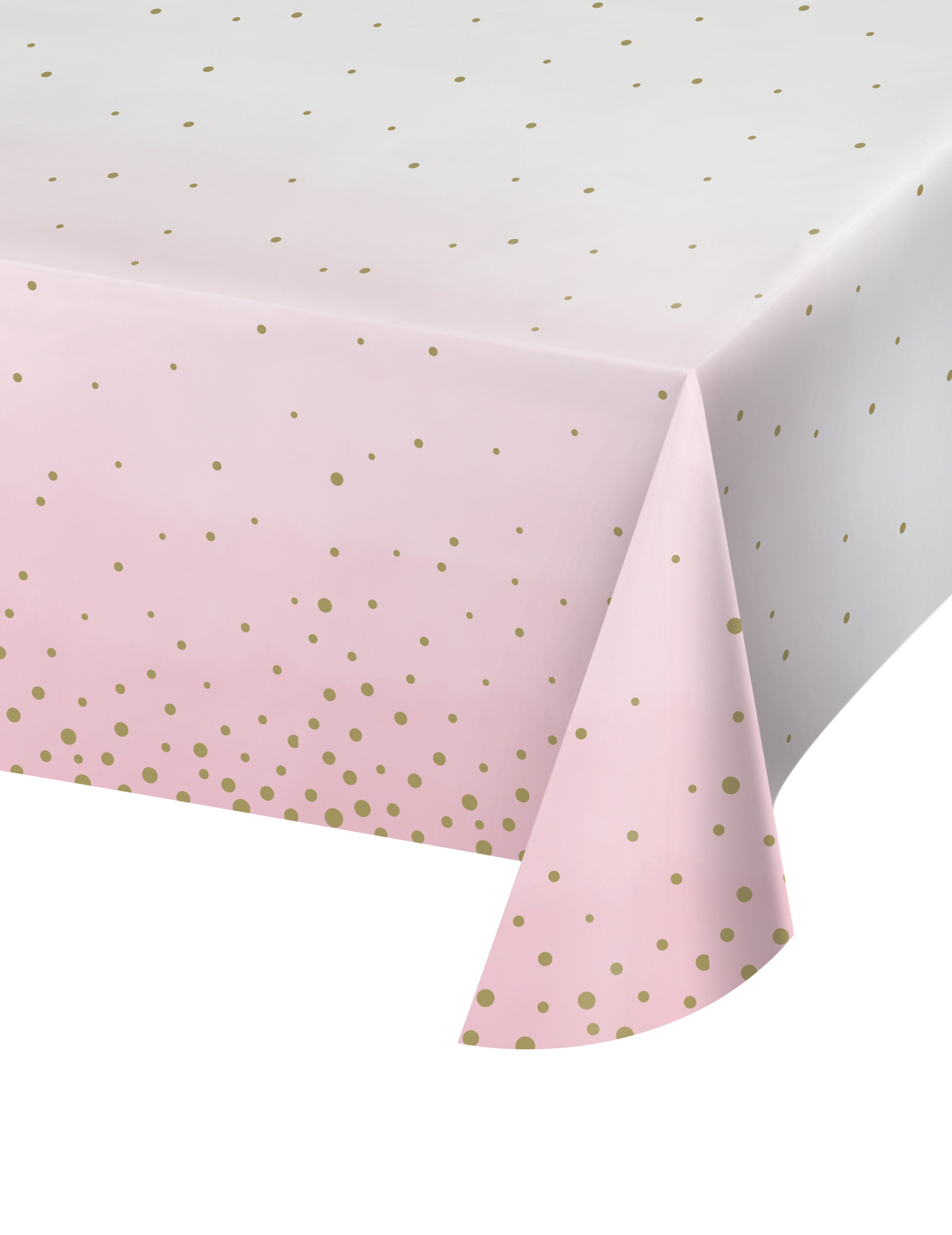 Nappe en papier rose et blanche pois dorés 137 x 259 cm