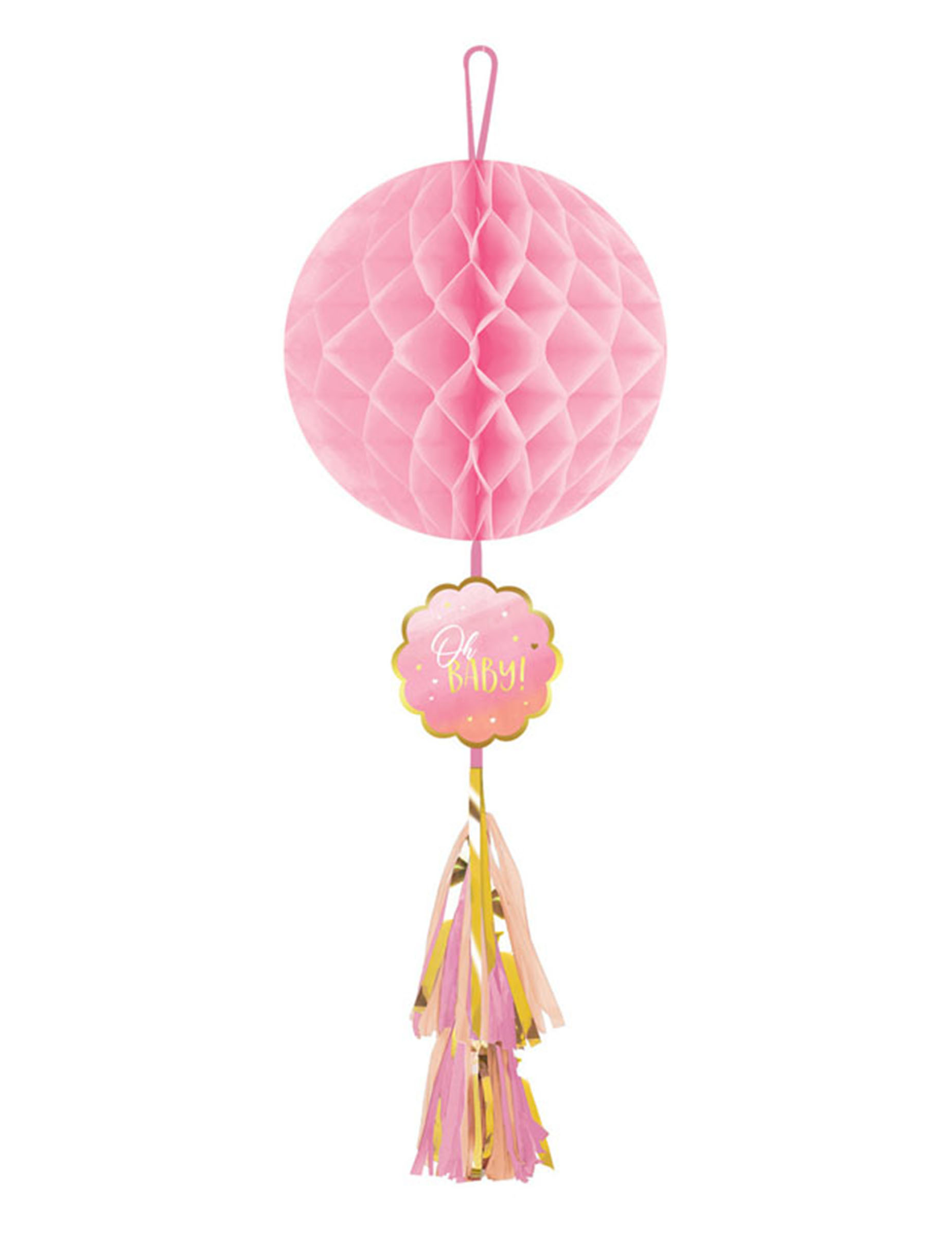 Suspension en papier alvéolé Oh Baby rose et or avec tassel 75 cm
