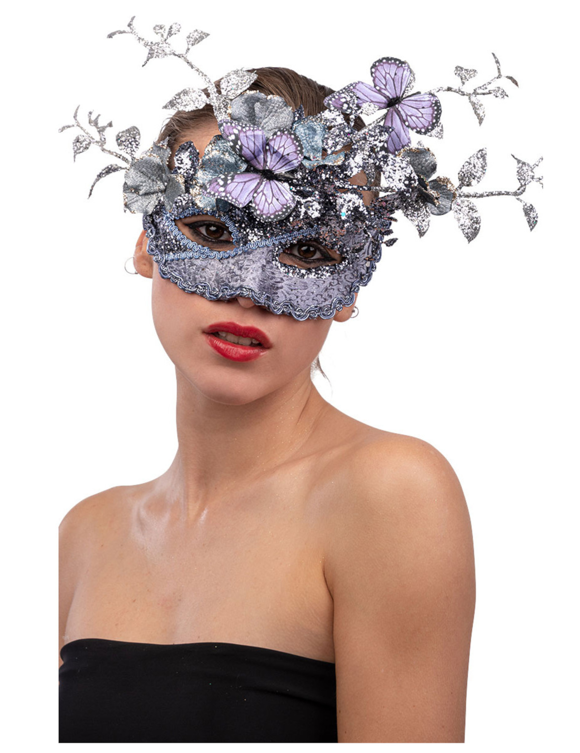 Masque argent et lilas avec papillon et branchage femme