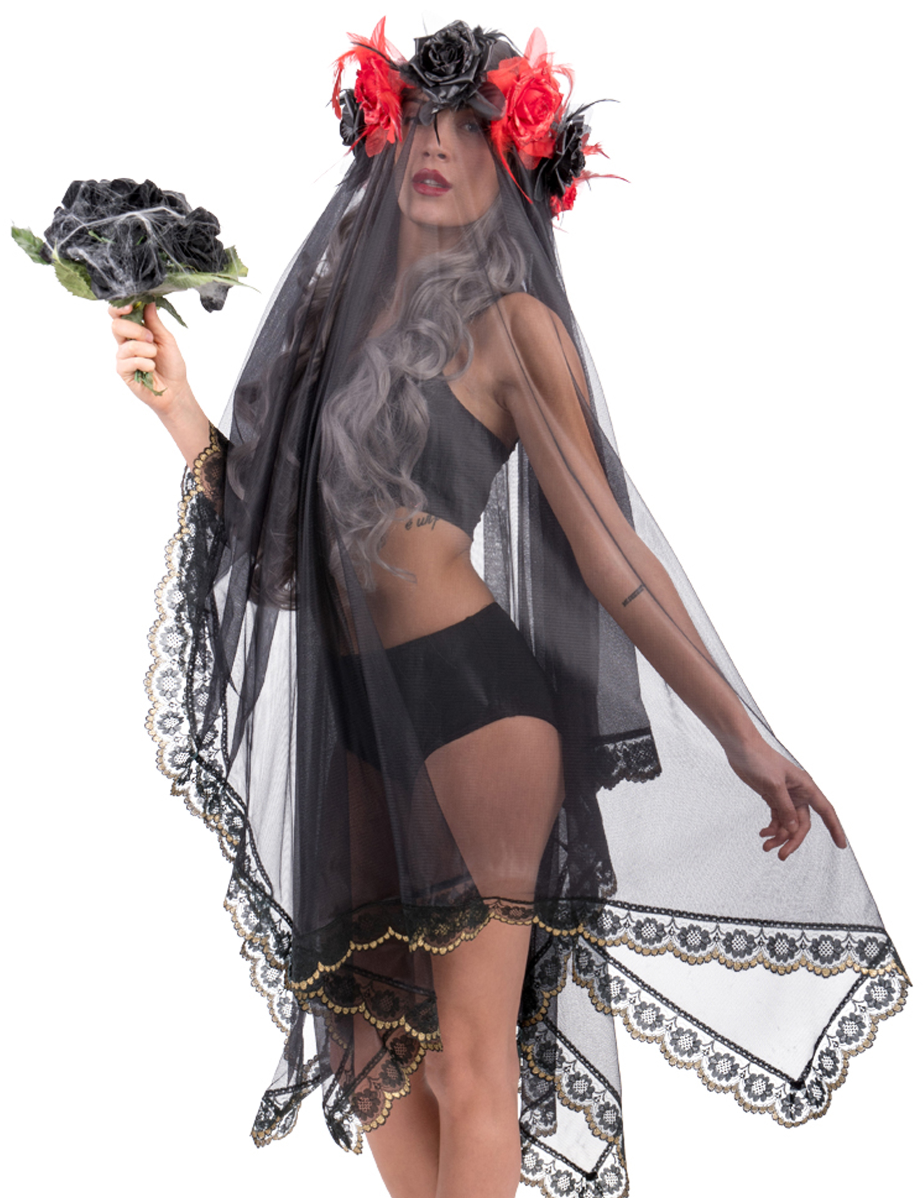 Voile long noir Dia de los muertos adulte