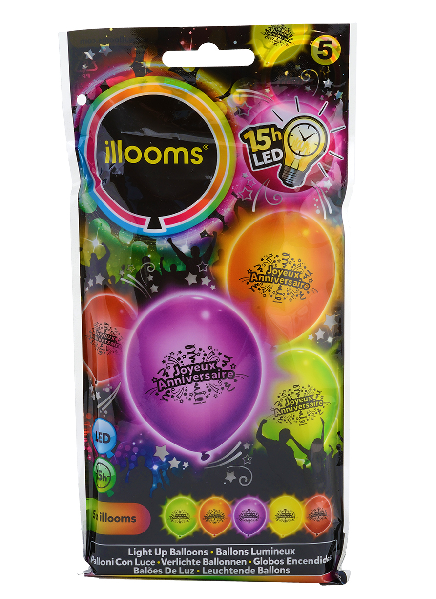 5 Ballons LED Joyeux anniversaire Illooms®