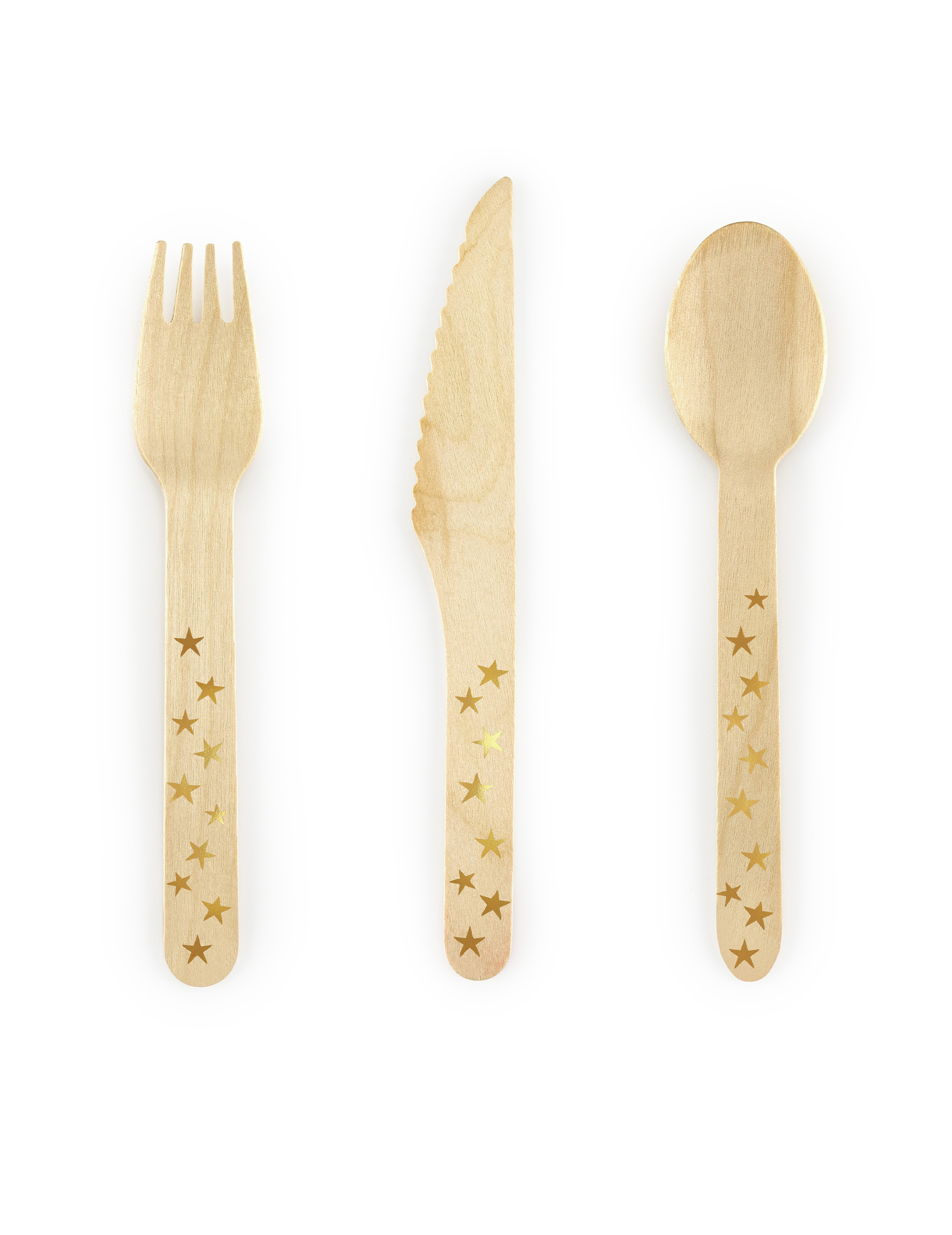18 Couverts en bois étoiles dorées 16 cm