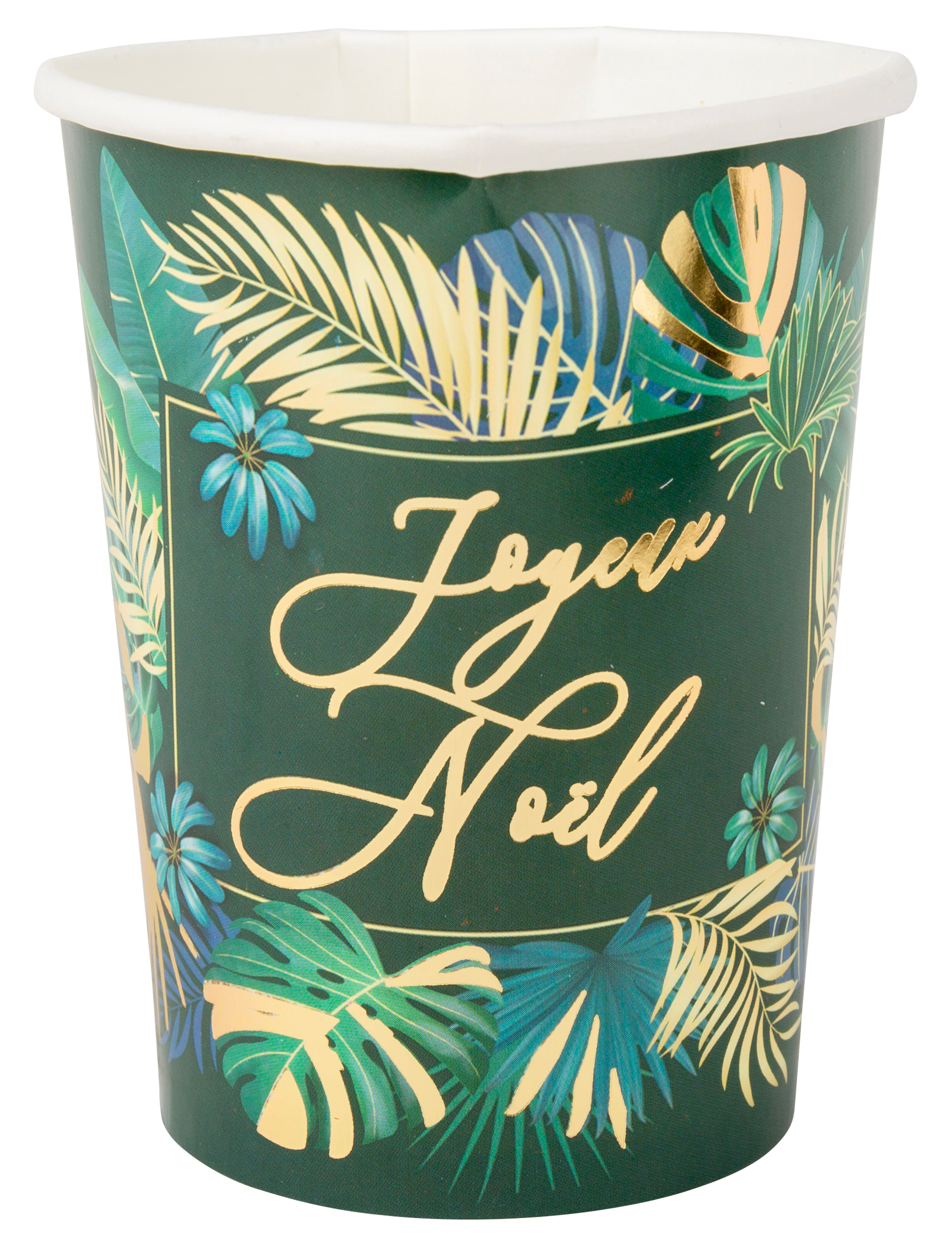 8 Gobelets en carton jungle Joyeux Noël vert et or 255 ml