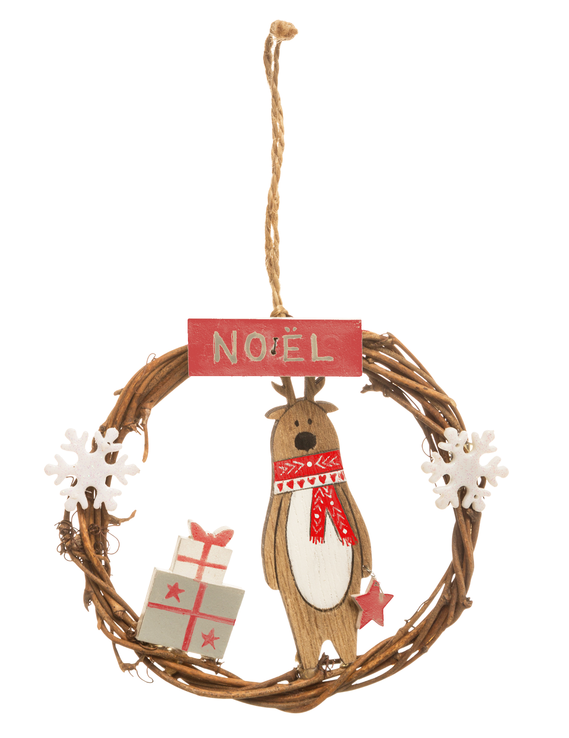 Suspension en bois couronne avec renne et cadeaux 11,5 cm