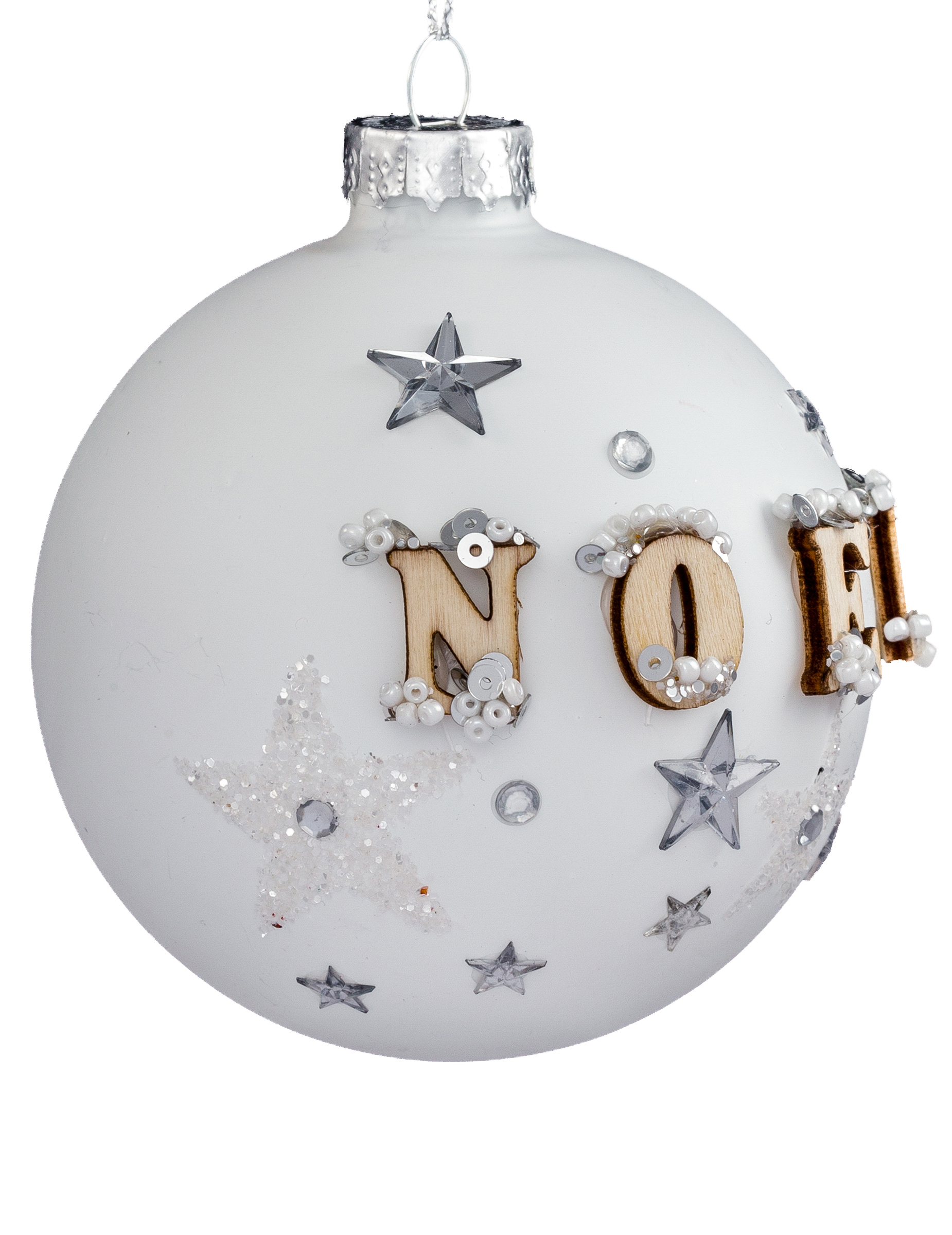Boule de noël blanche avec étoiles 8 cm