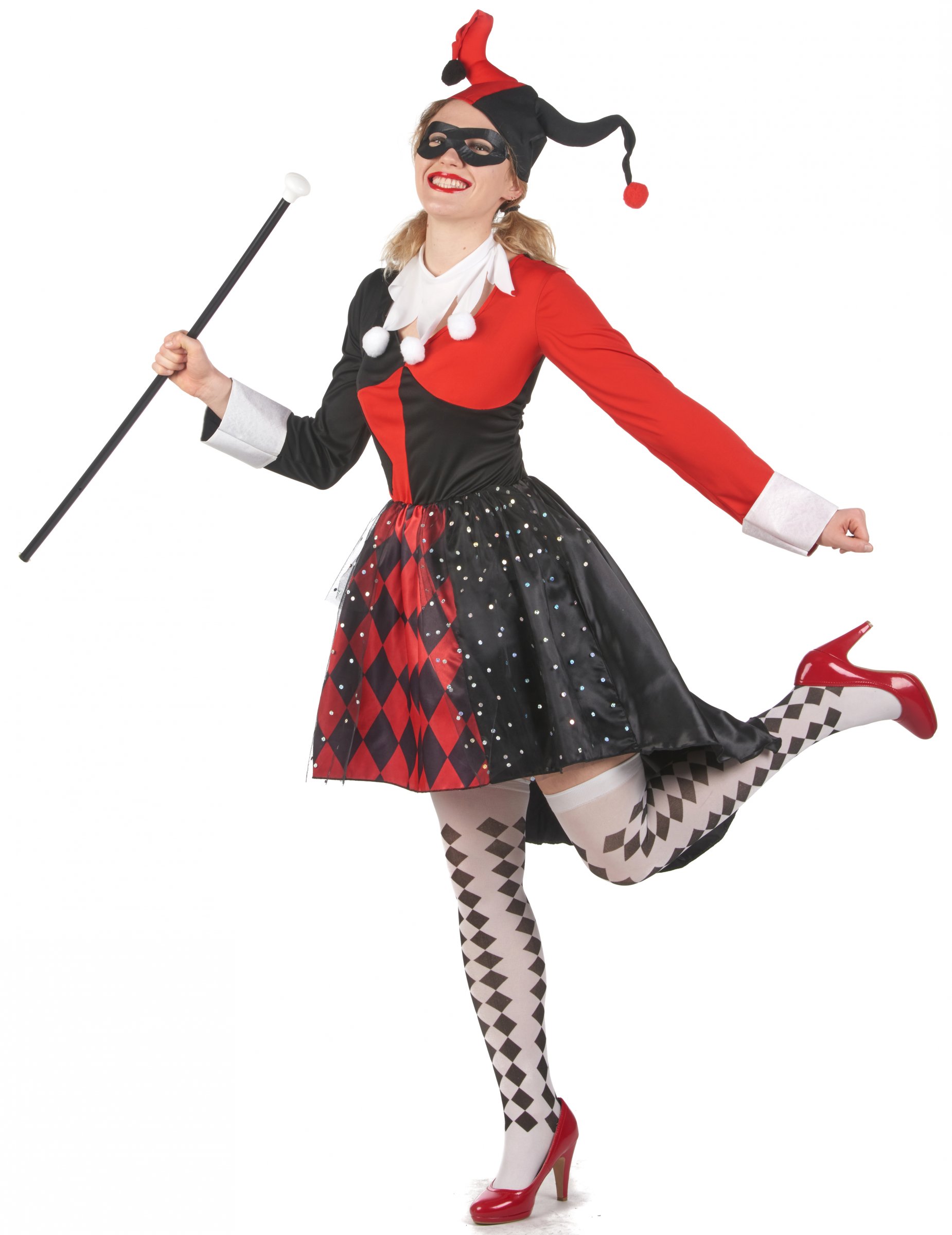 Déguisement arlequin méchant rouge et noir femme