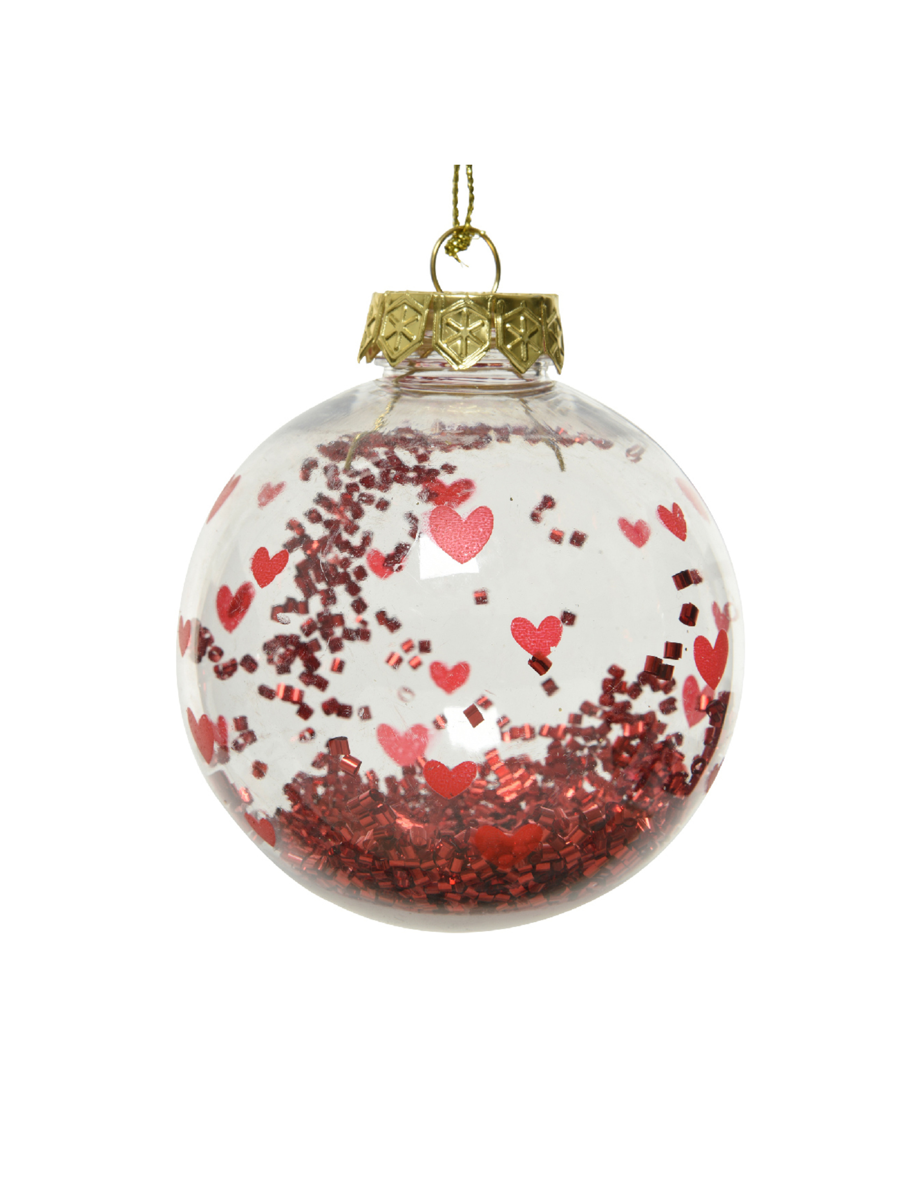 Boule de noël transparente avec c urs rouges et confettis 8 cm