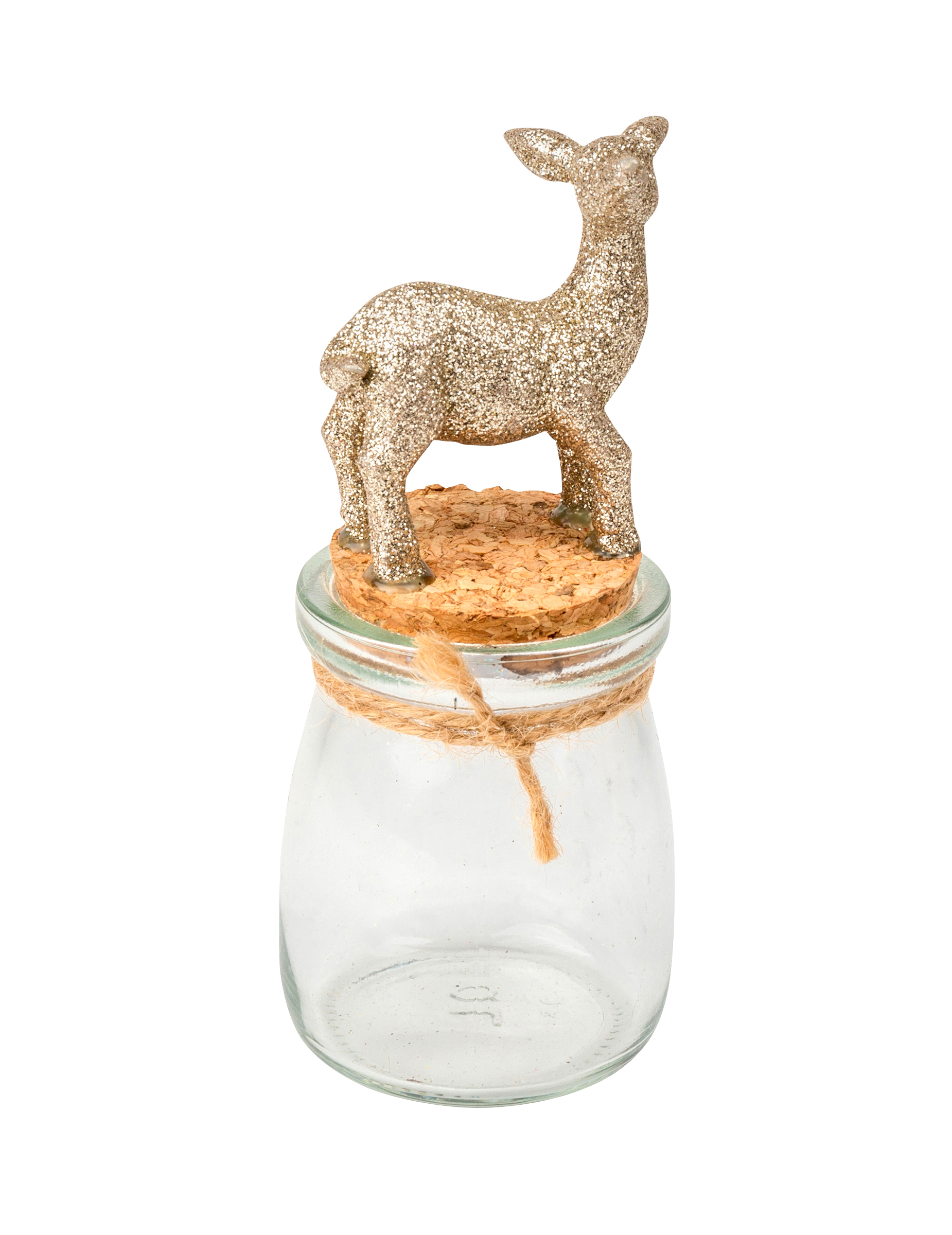 Bocal en verre avec bouchon liège et faon à paillettes 13 cm