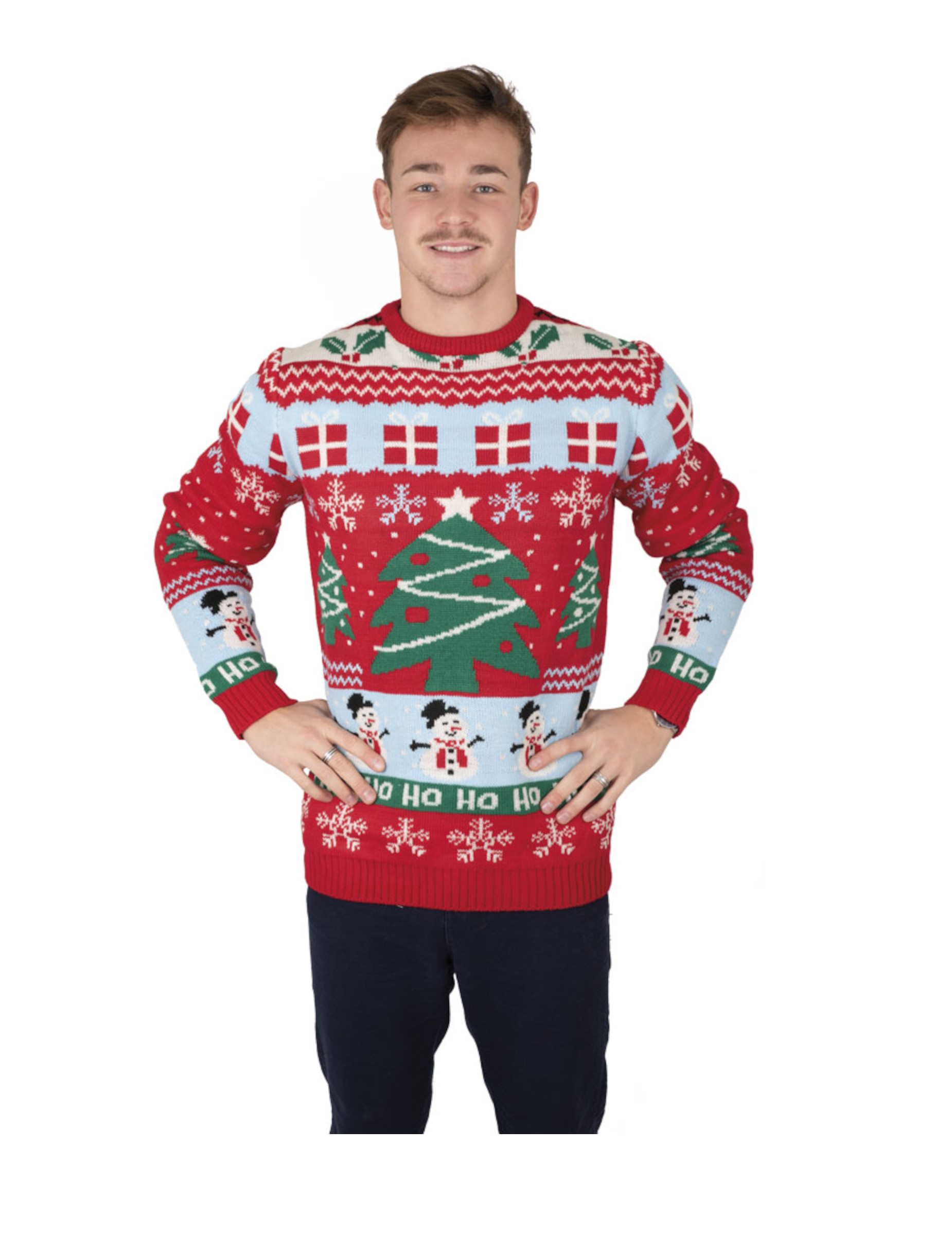 Pull de Noël adulte rouge avec sapins de Noël