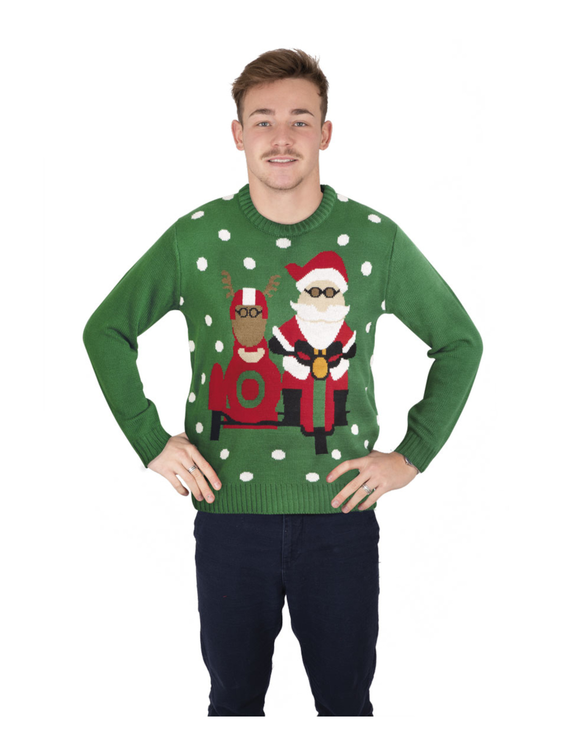Pull de Noël vert avec Père Noël motard
