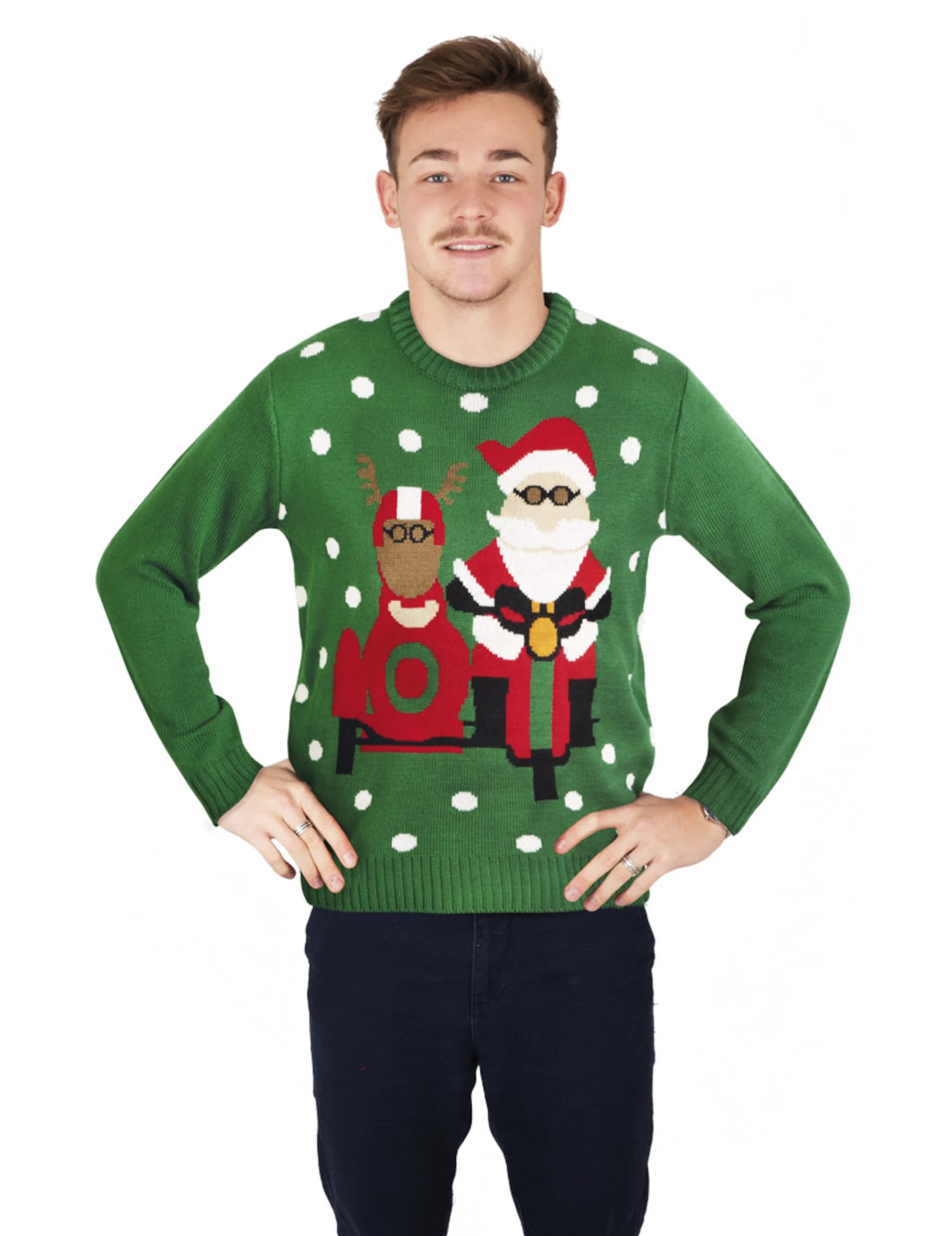 Pull de Noël vert avec Père Noël motard
