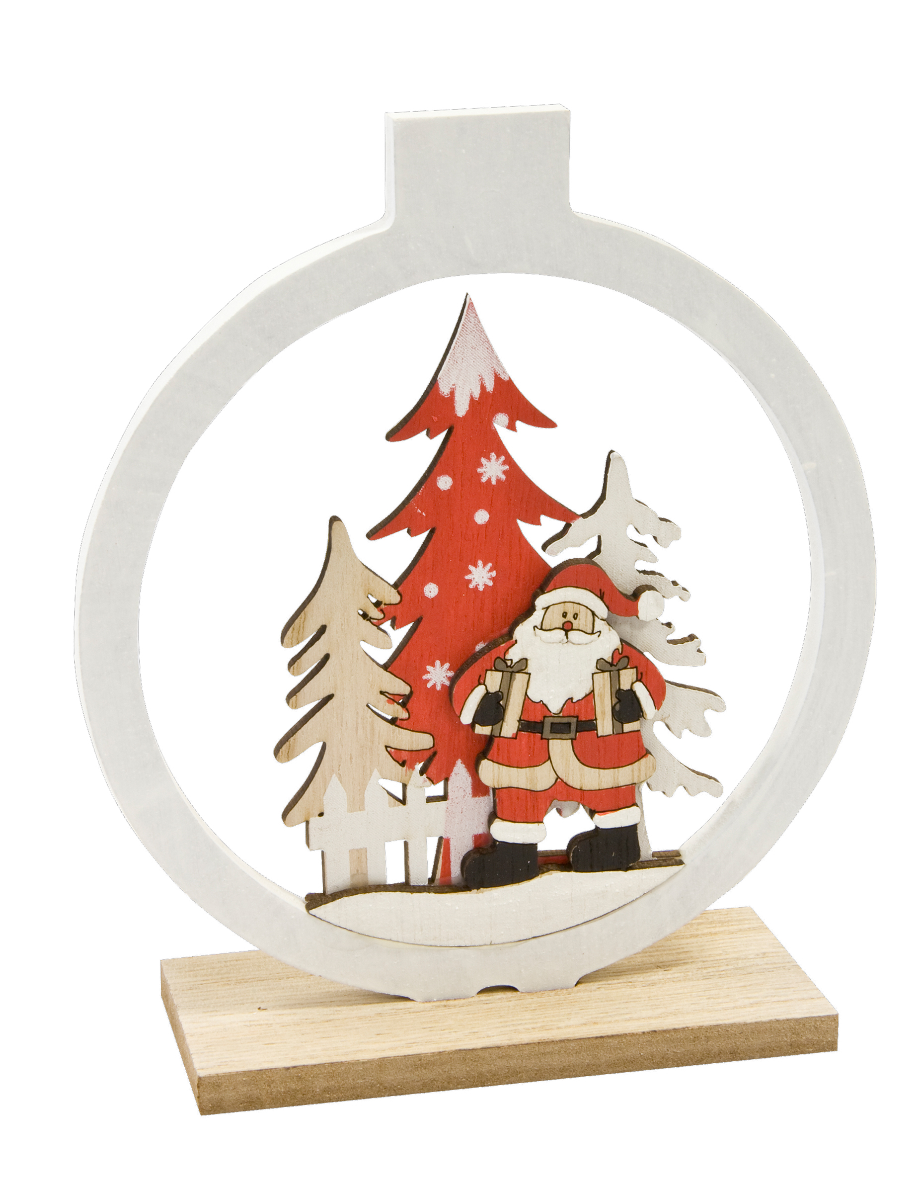 Décoration en bois boule avec Père Noël et sapins 11 x 13 cm