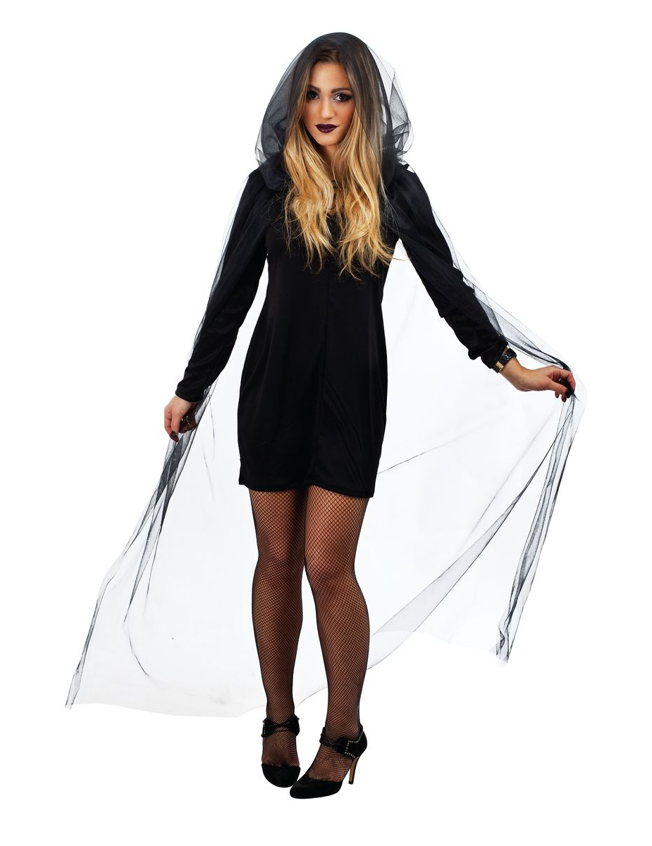 Cape à capuche en voile noir adulte