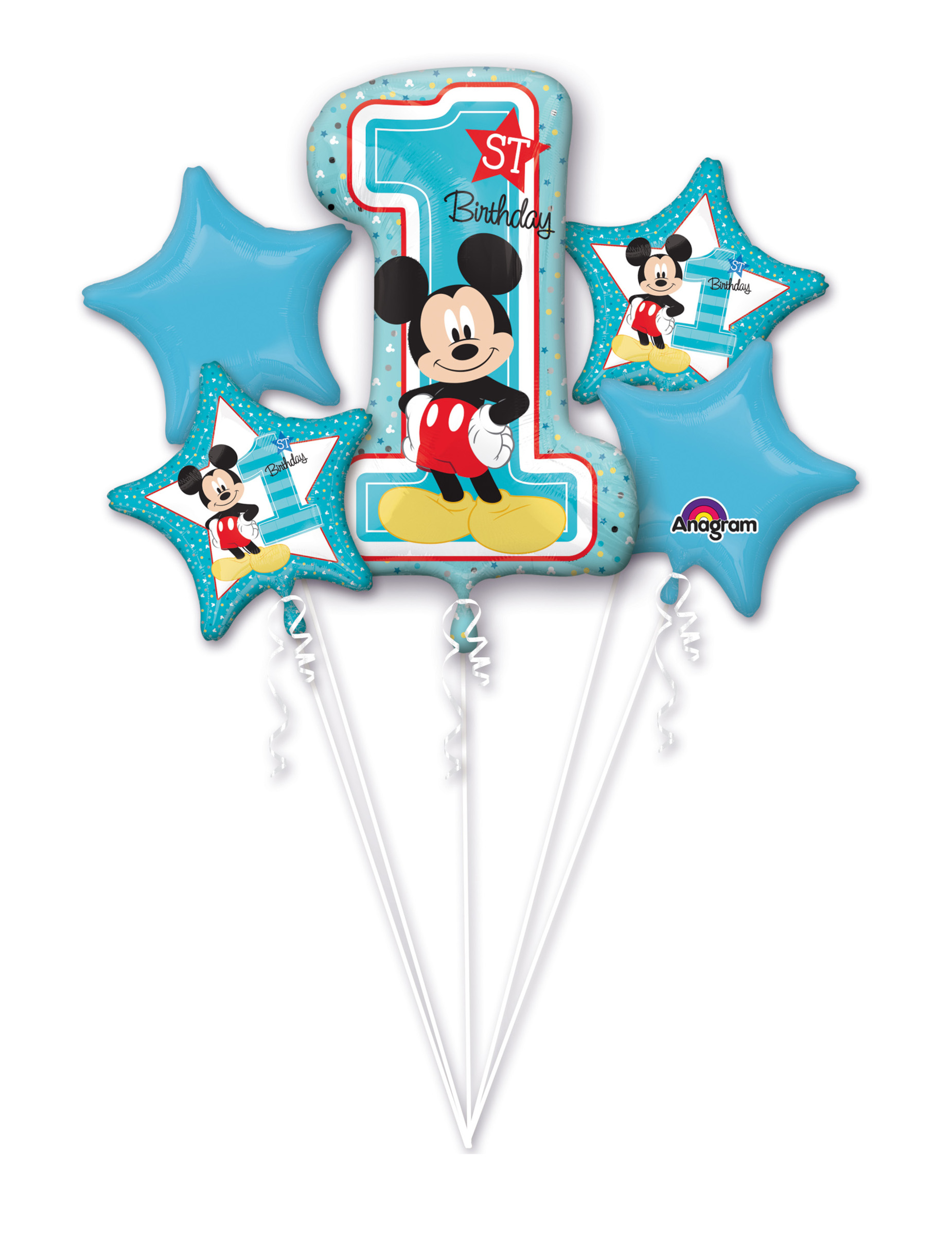 Bouquet de 5 ballons aluminium 1er anniversaire Mickey