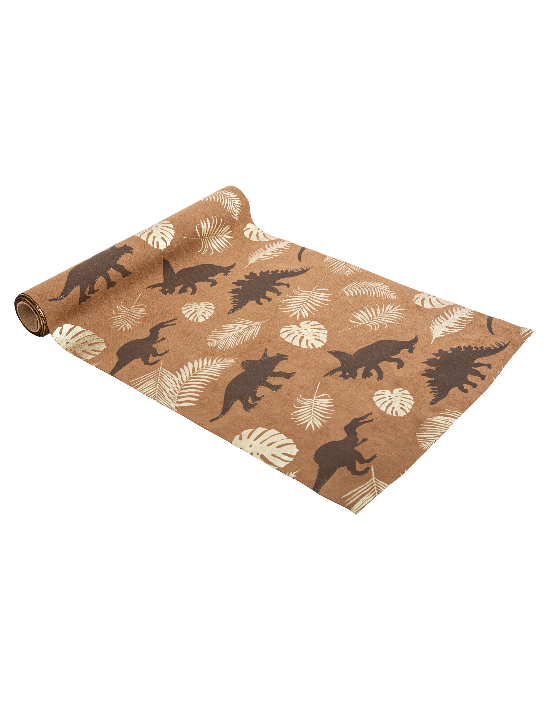 Chemin de table dinosaures suédine camel 28 cm x 3 m feuilles dorées