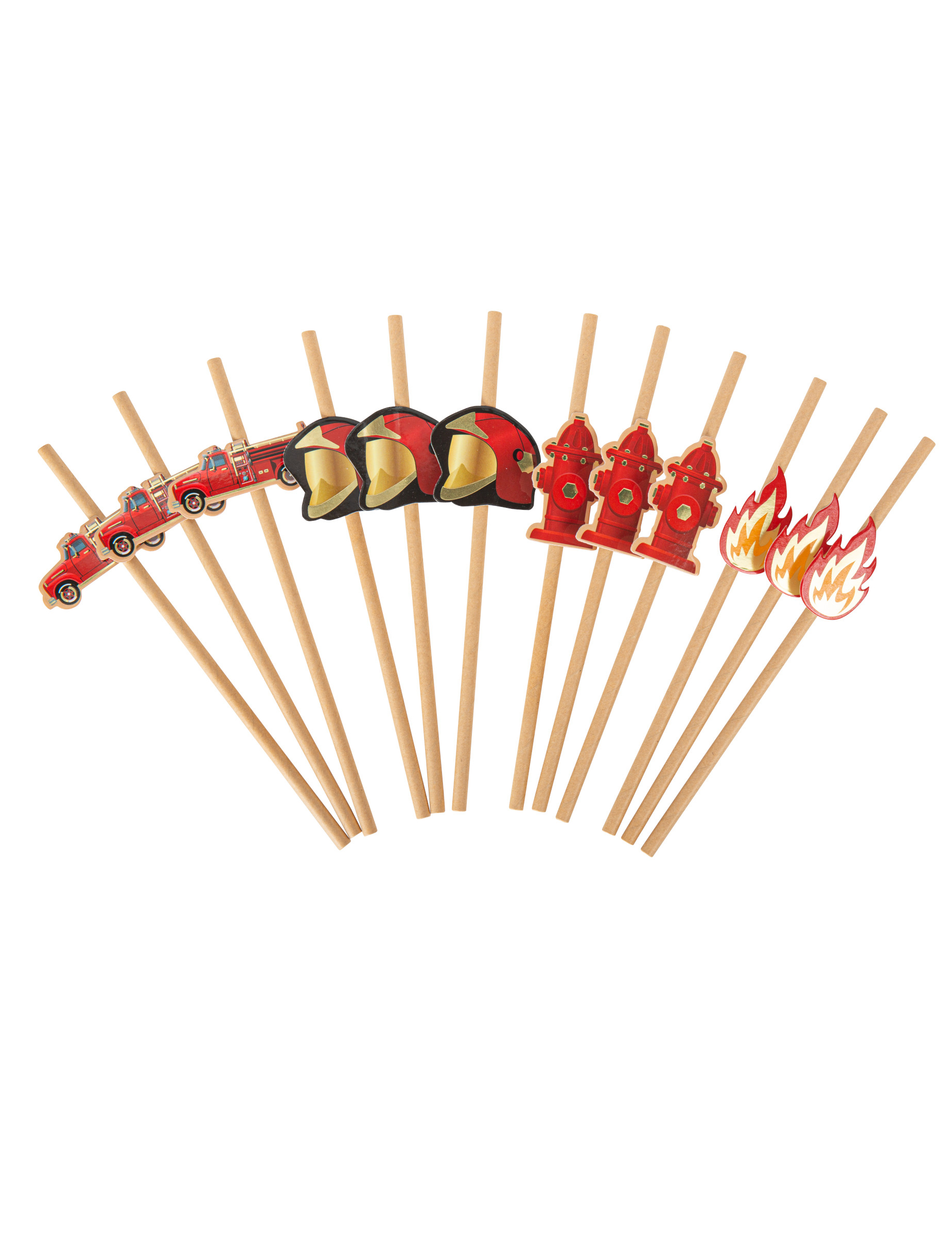 12 Pailles pompier kraft et rouges 19,5 cm